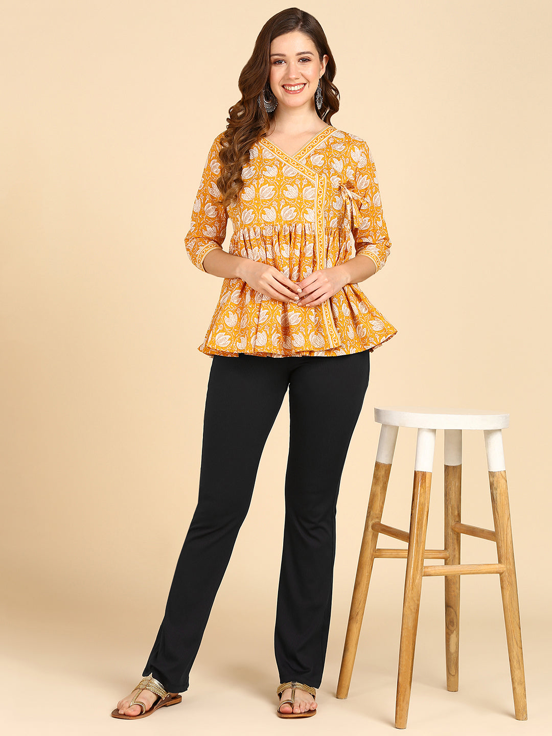 Floral Printed Angrakha Style Yellow Top