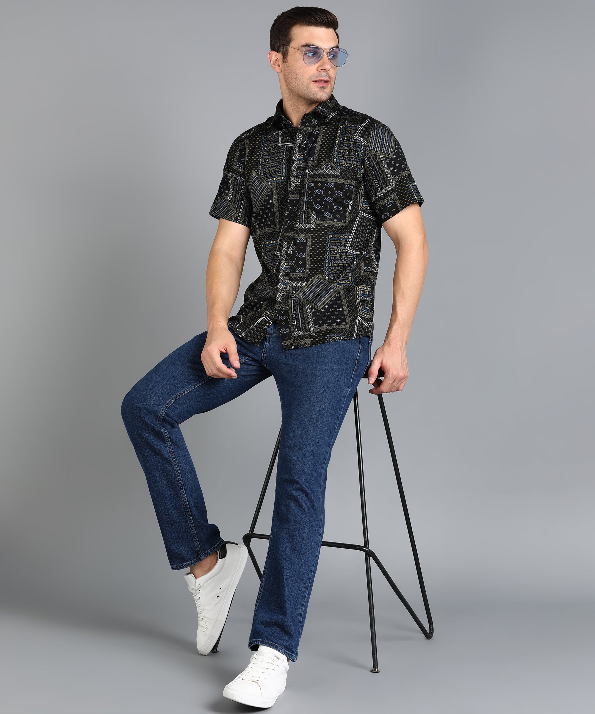 Black Indian Prints Half Slim Fit Shirt