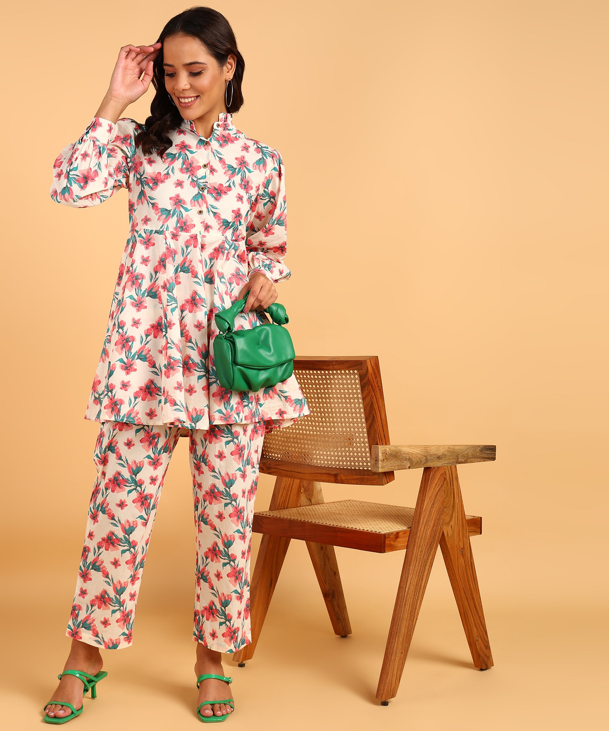 Cream Colored Floral Print Tunic & Pant Set
