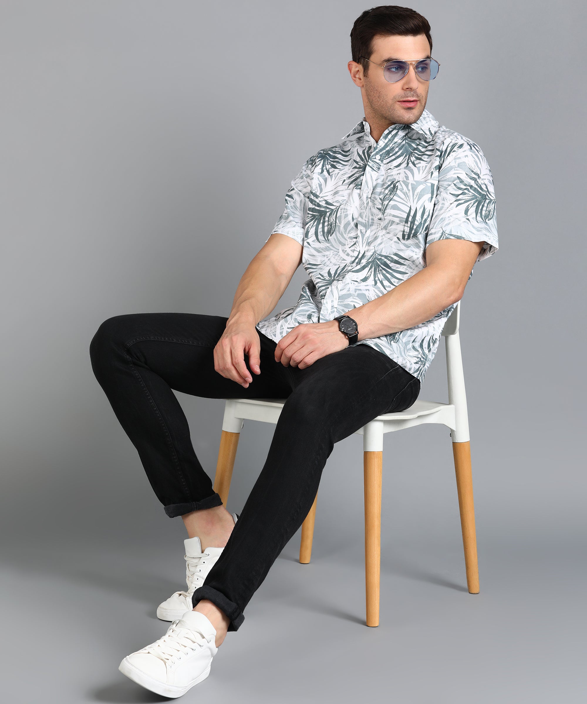Grey Leaf Printed Half Slim Fit Shirt