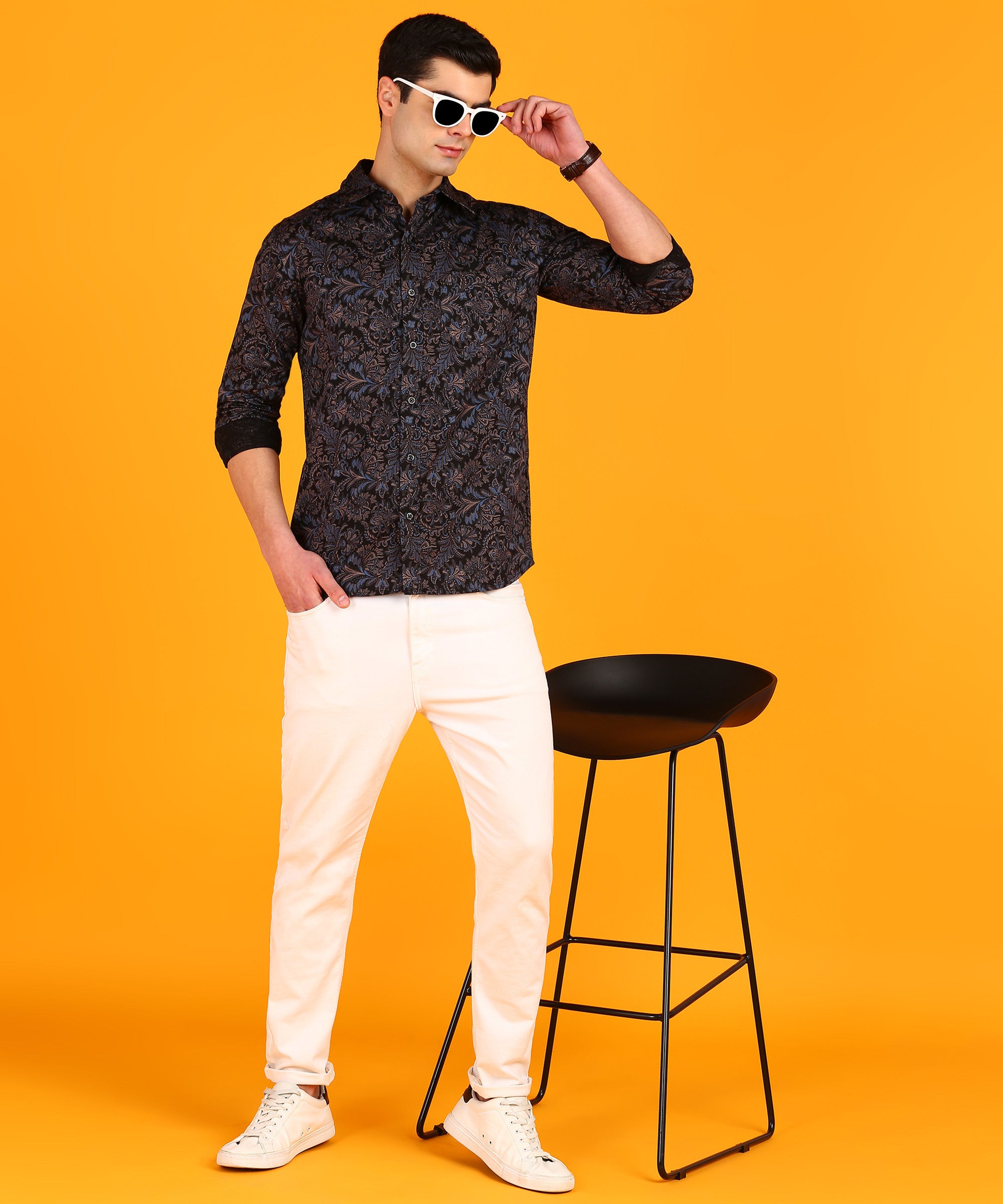 Men Blue & Pink Leaf Motif Black Shirt