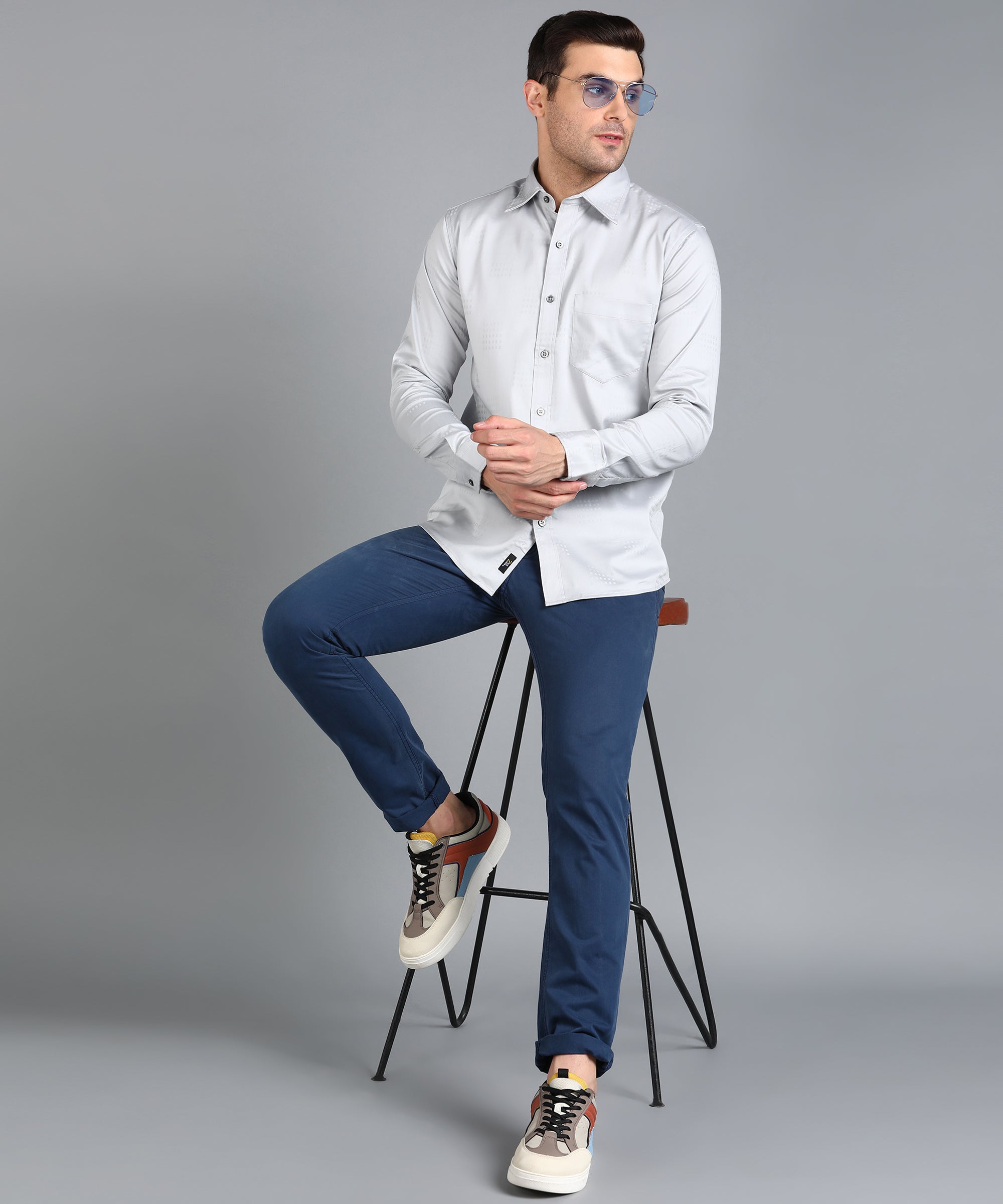 Self Checked Grey Slim Fit Slim Fit Shirt