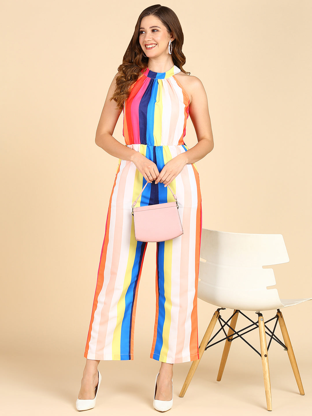 Halter Neck Multi Color Strip Jumpsuit