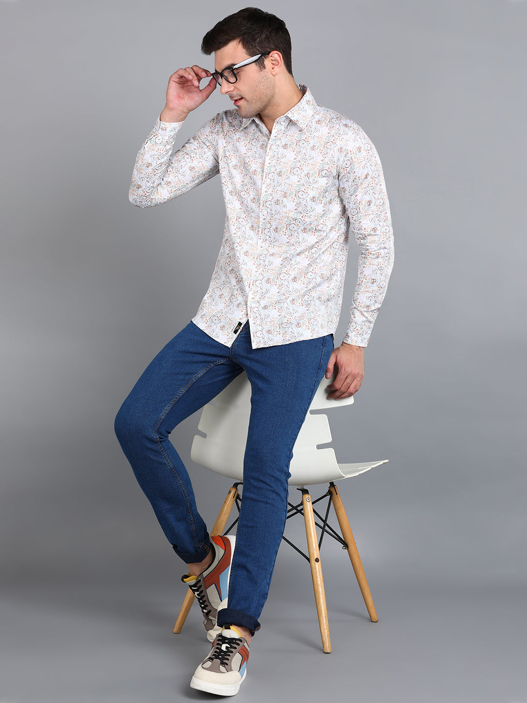Beige Floral Printed Off White Slim Fit Shirt