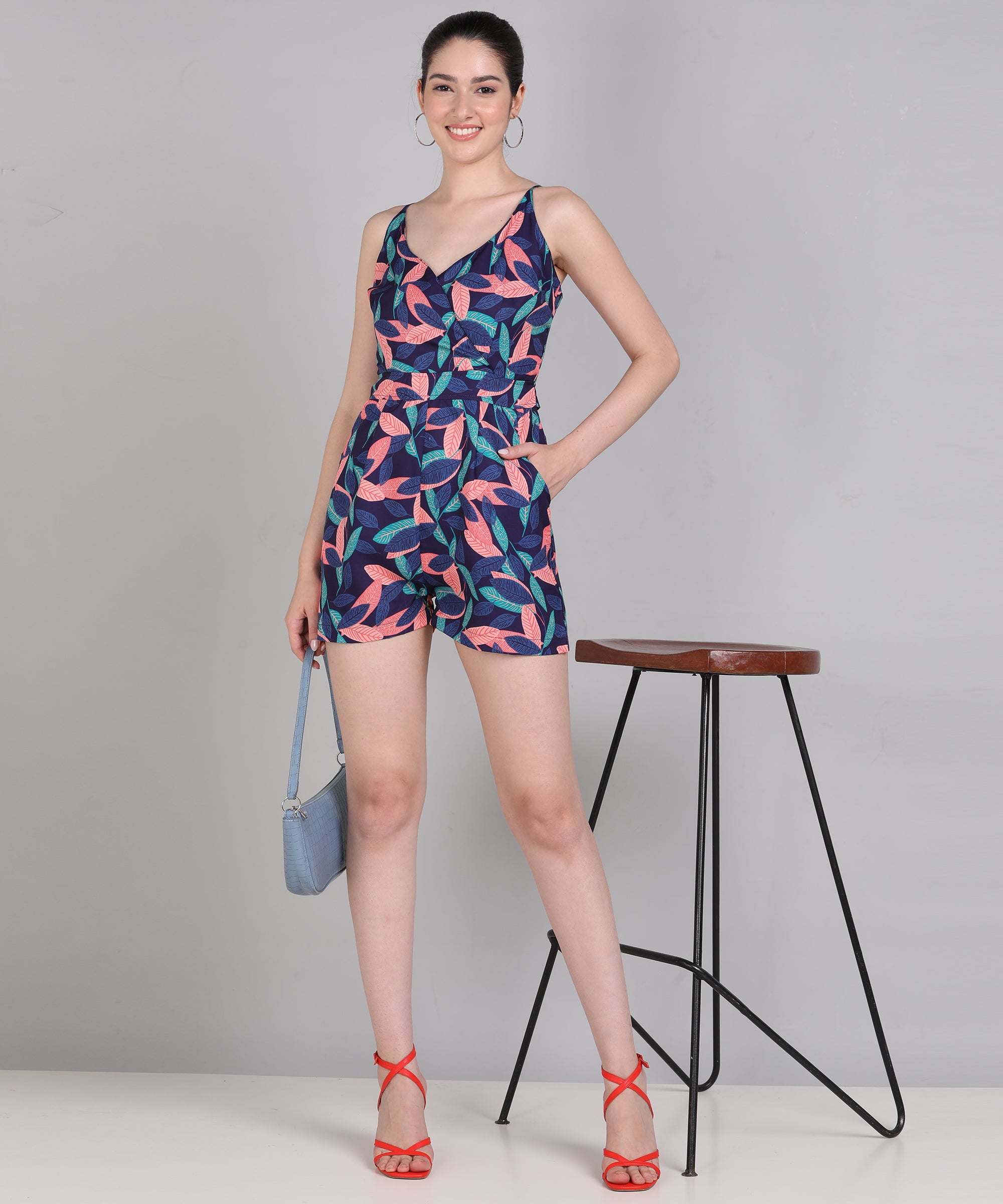 Leaf Printed Blue Playsuit