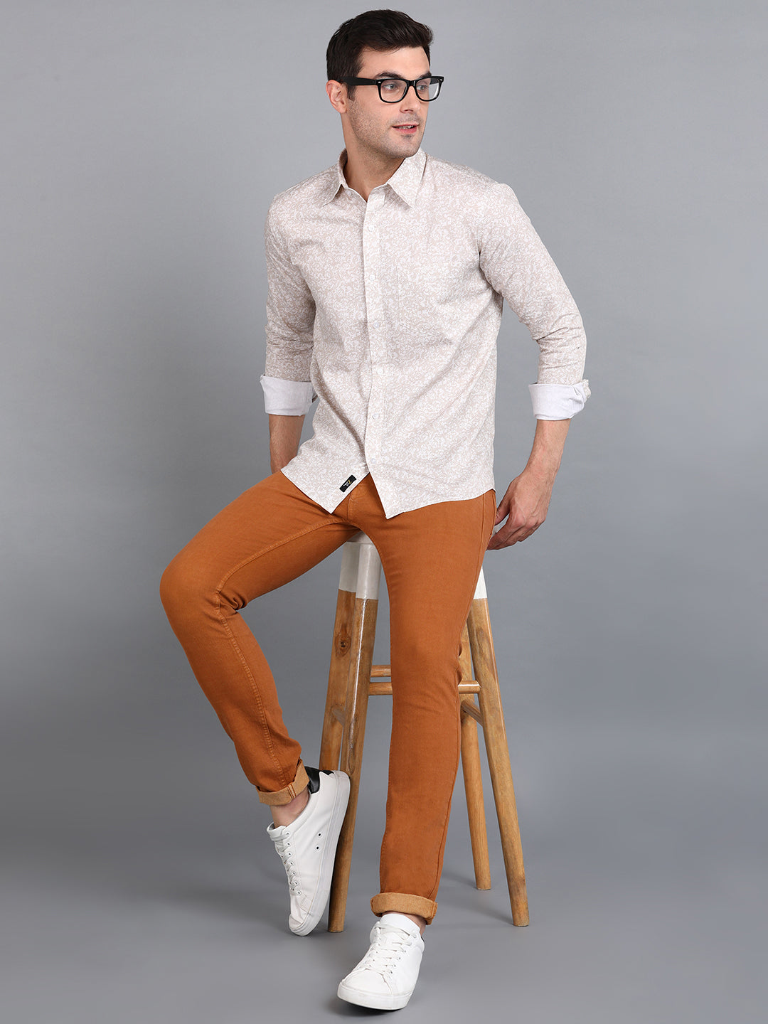 Beige Floral Printed Slim Fit Shirt