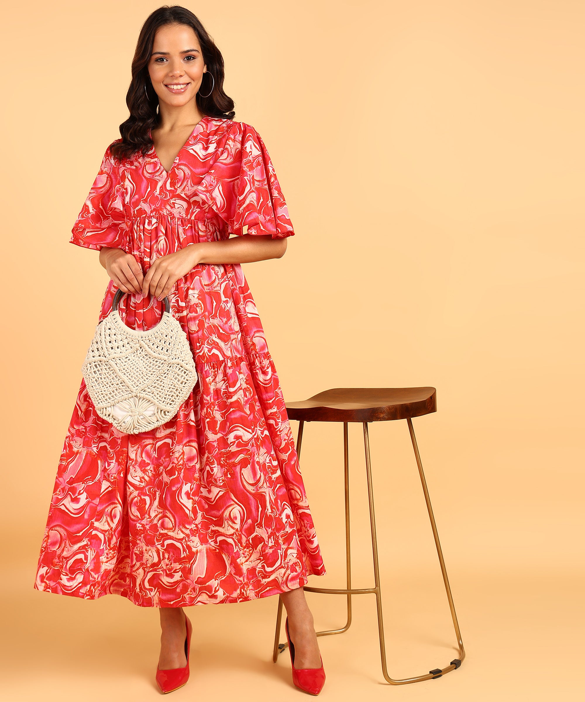 Red Colored Printed Maternity Wear Maxi Dress