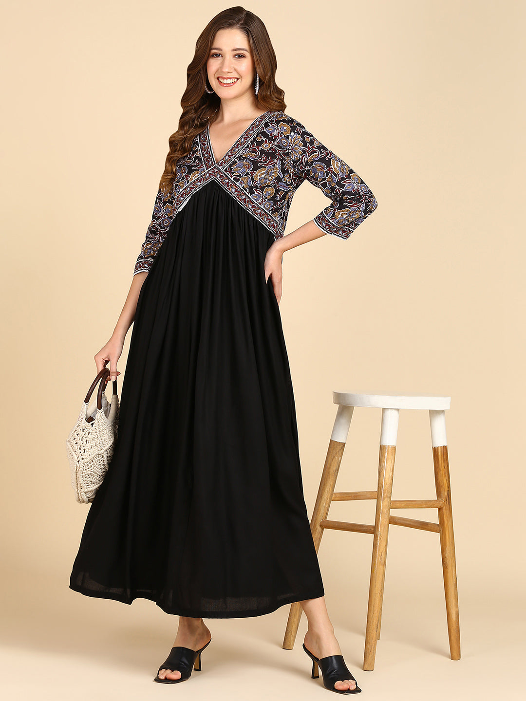 Black Floral Flared Maxi Dress With Border Details