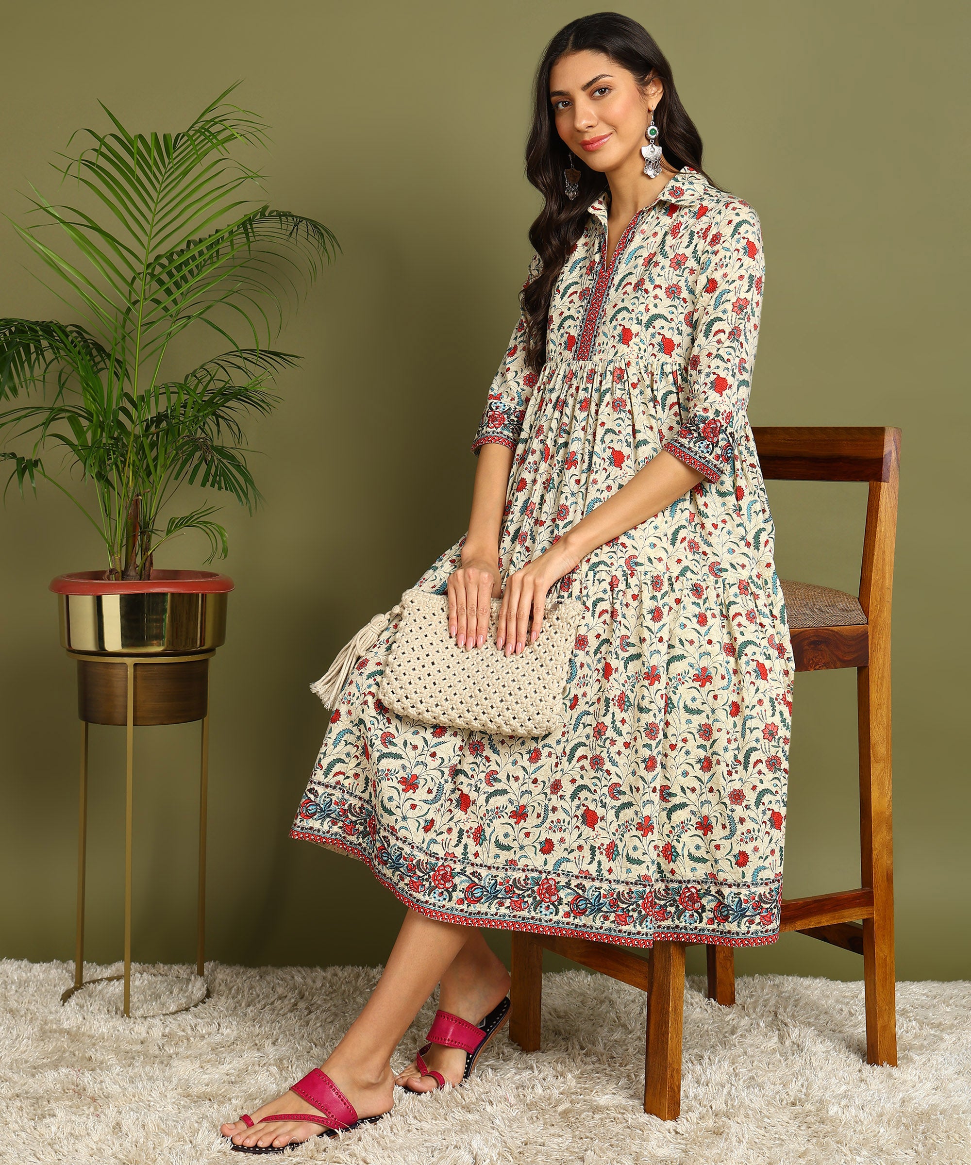Cream Floral Print Maternity Wear Shirt Style Midi Dress