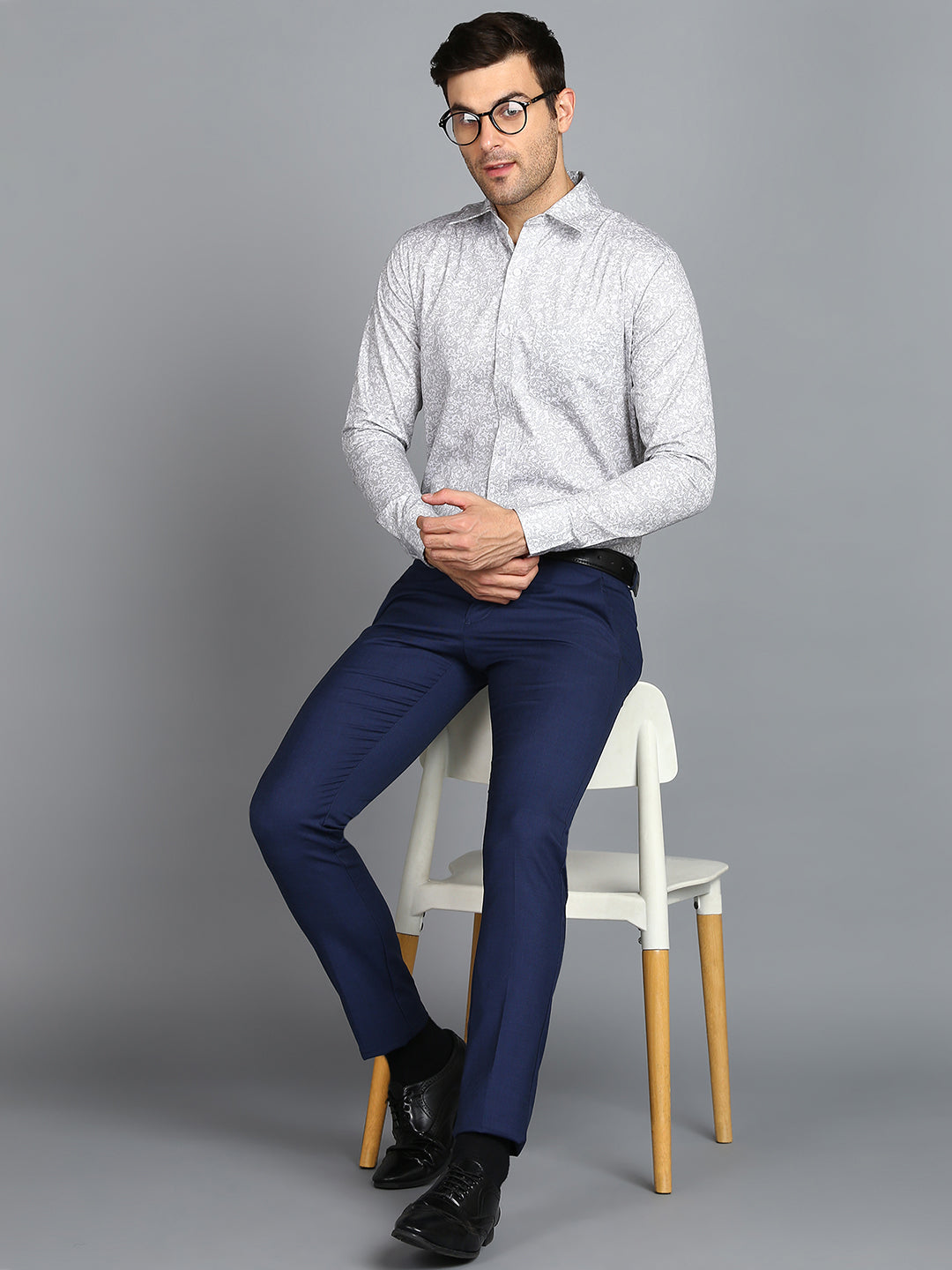 Grey Leaf & Floral Printed Slim Fit Shirt