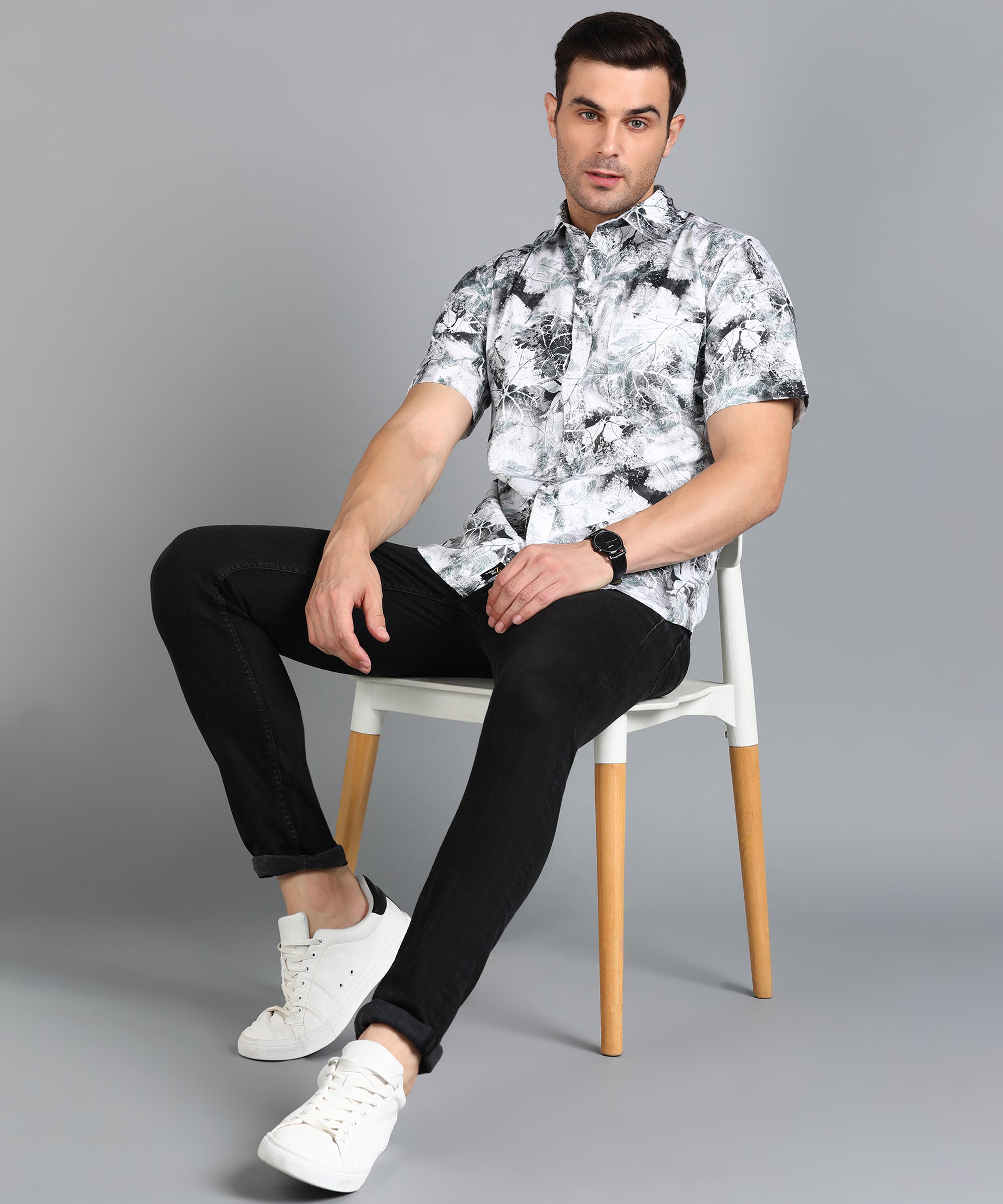 Black & Green Leaf Printed half Slim Fit Shirt