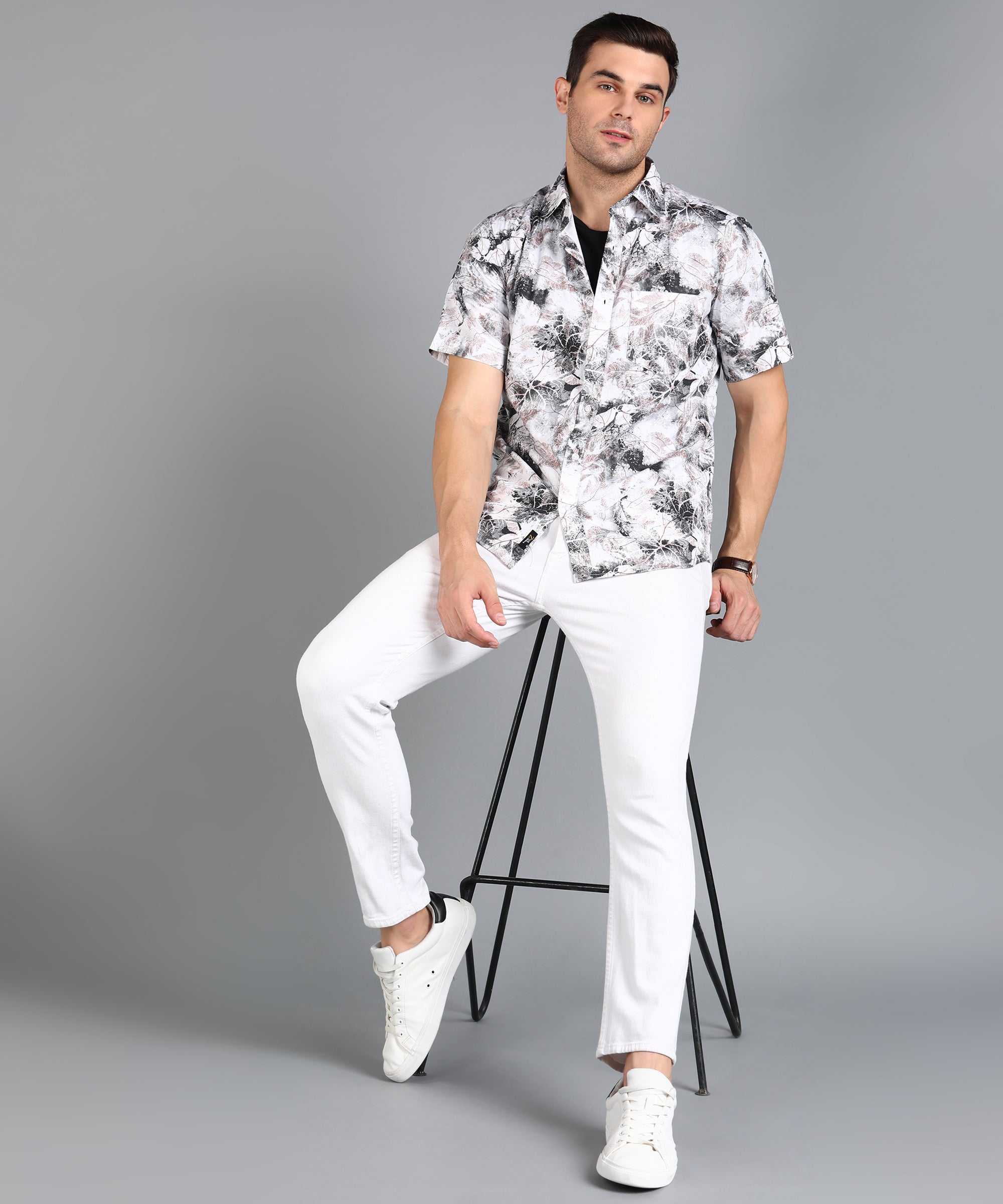 Black & Brown Leaf Printed half Slim Fit Shirt