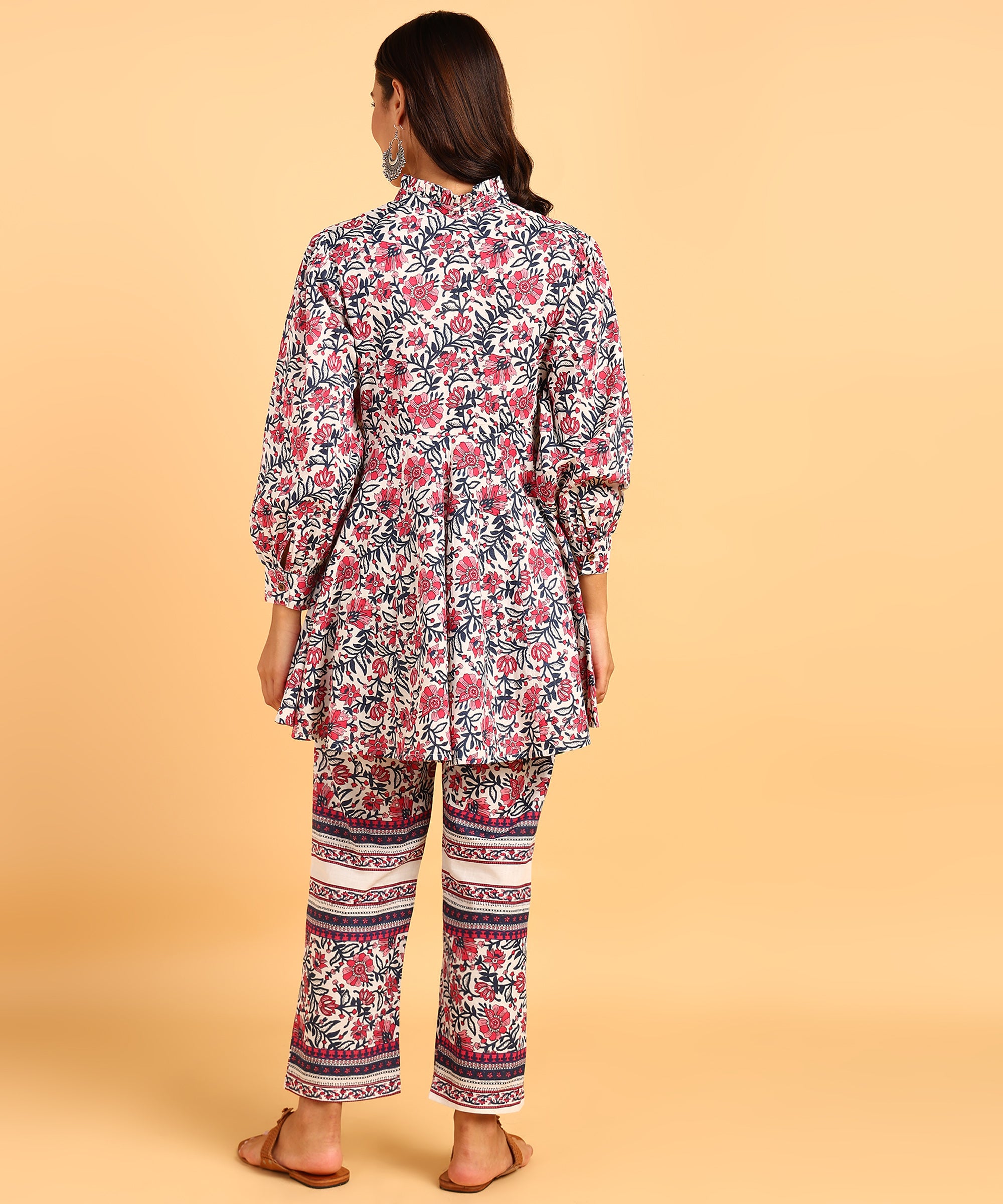 Cream Colored Floral Print Tunic & Pant Set