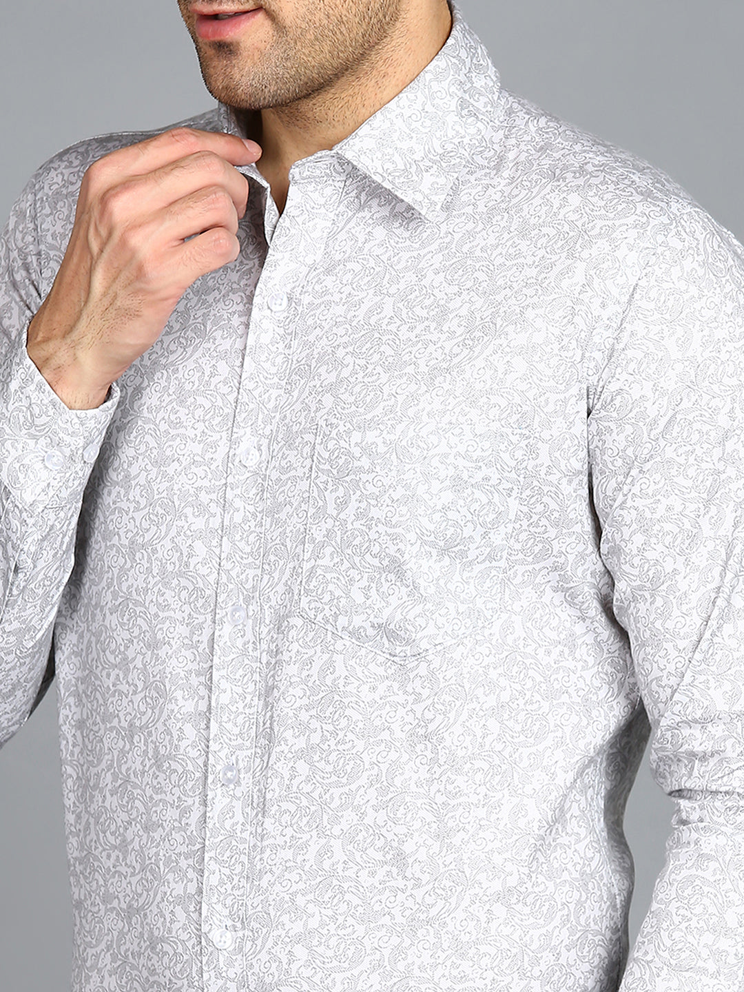 Grey Leaf & Floral Printed Slim Fit Shirt