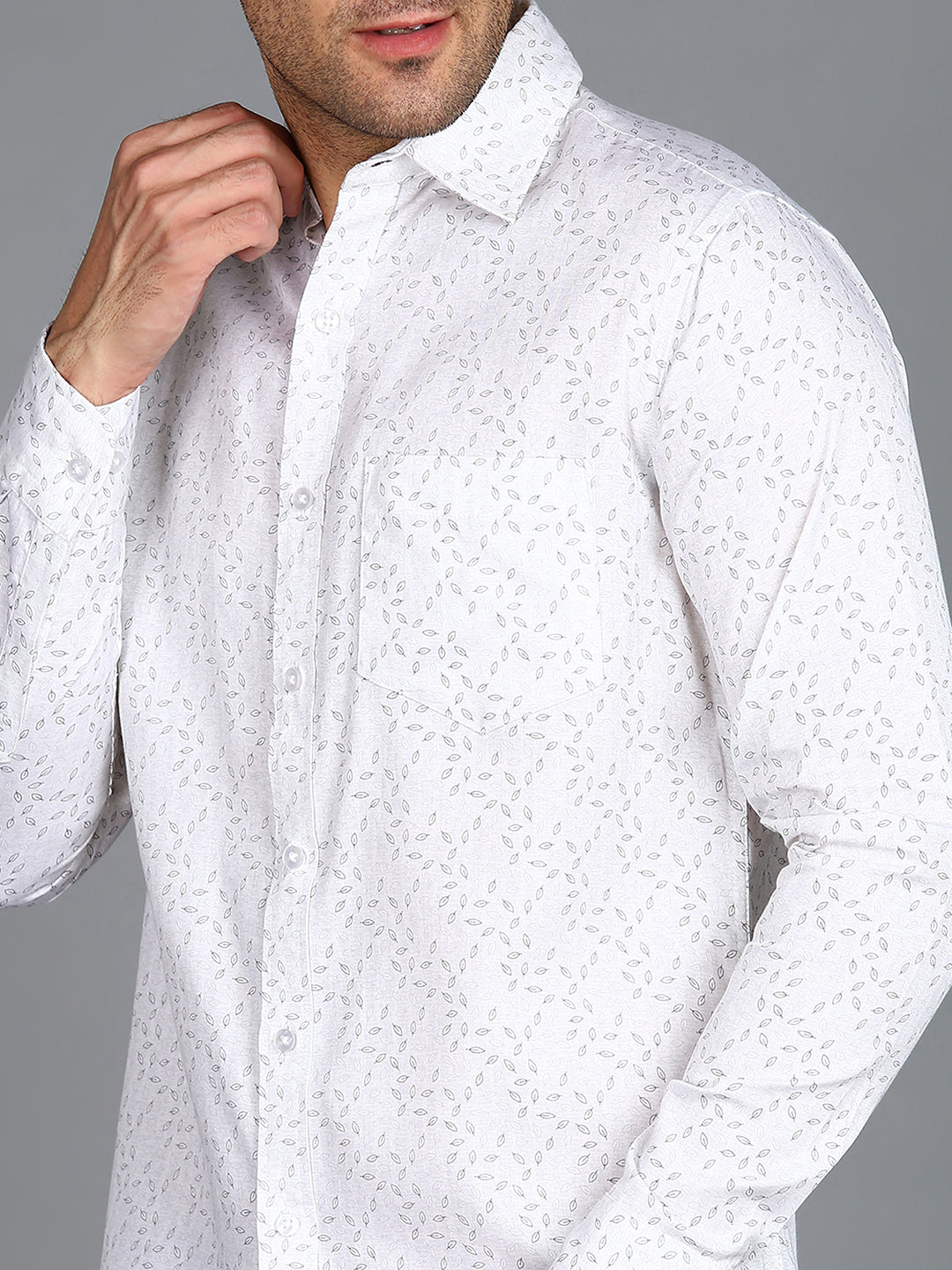 Grey Leaf Printed Off White Slim Fit Shirt
