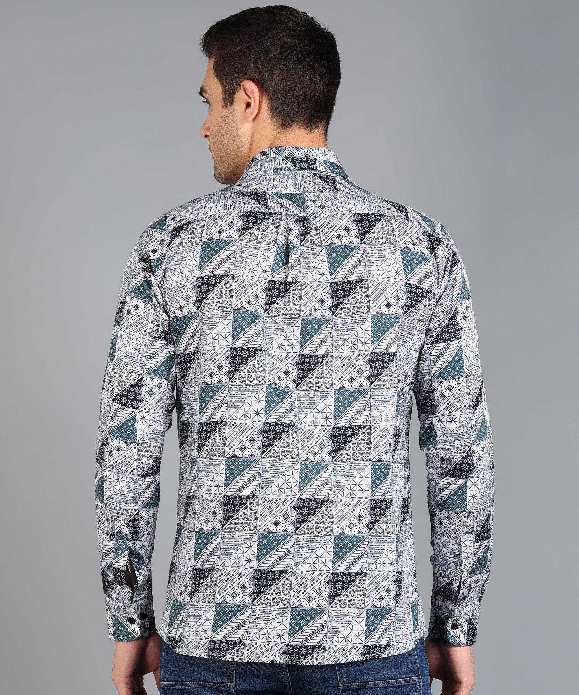 Black & Blue Geomatric Printed Grey Slim Fit Shirt