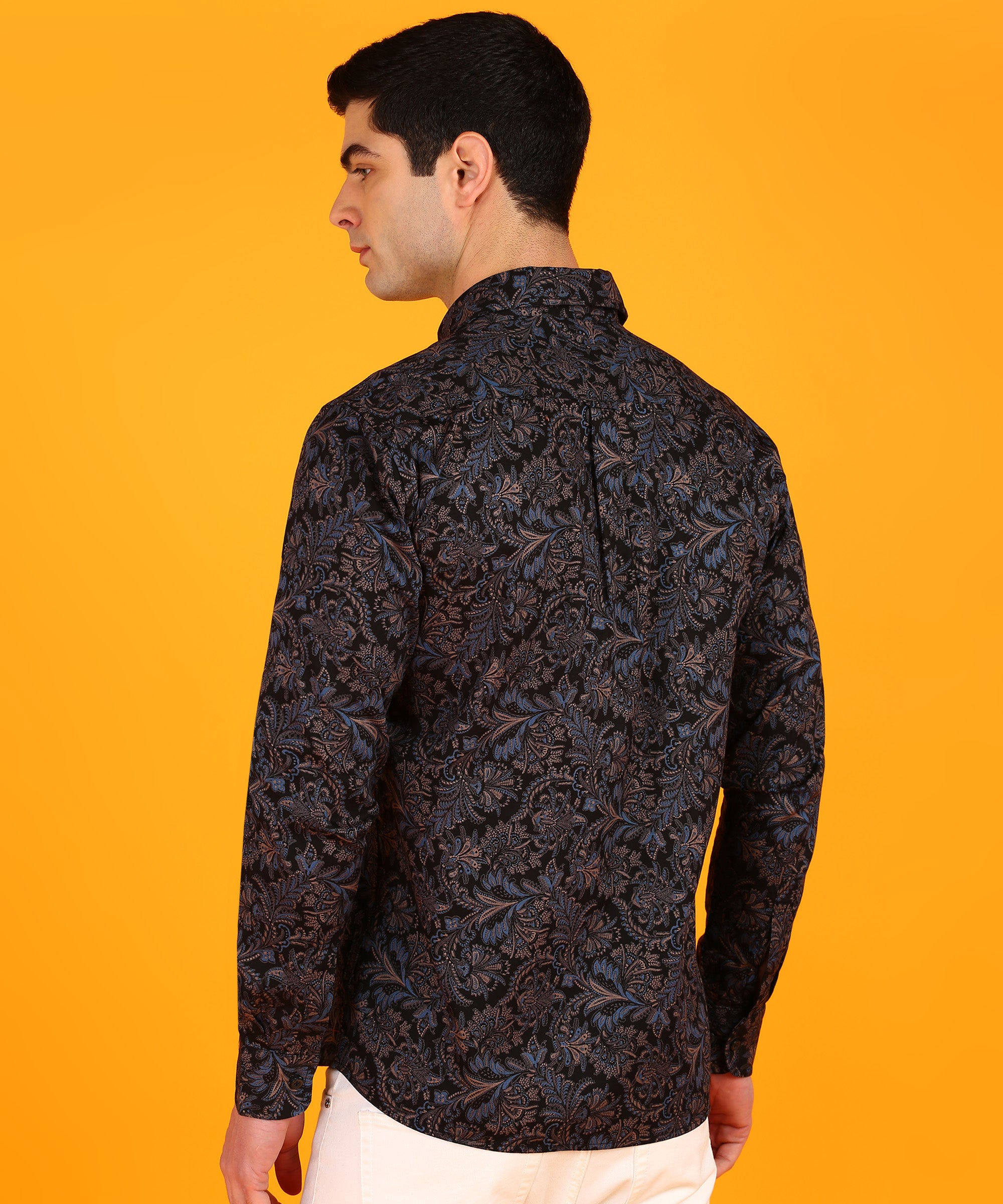 Men Blue & Pink Leaf Motif Black Shirt
