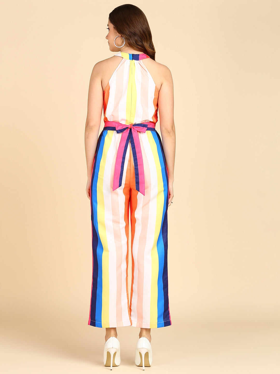 Halter Neck Multi Color Strip Jumpsuit