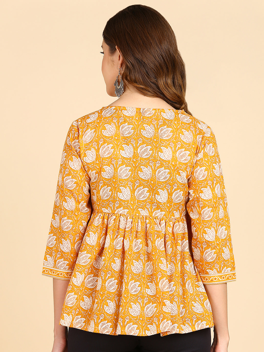 Floral Printed Angrakha Style Yellow Top