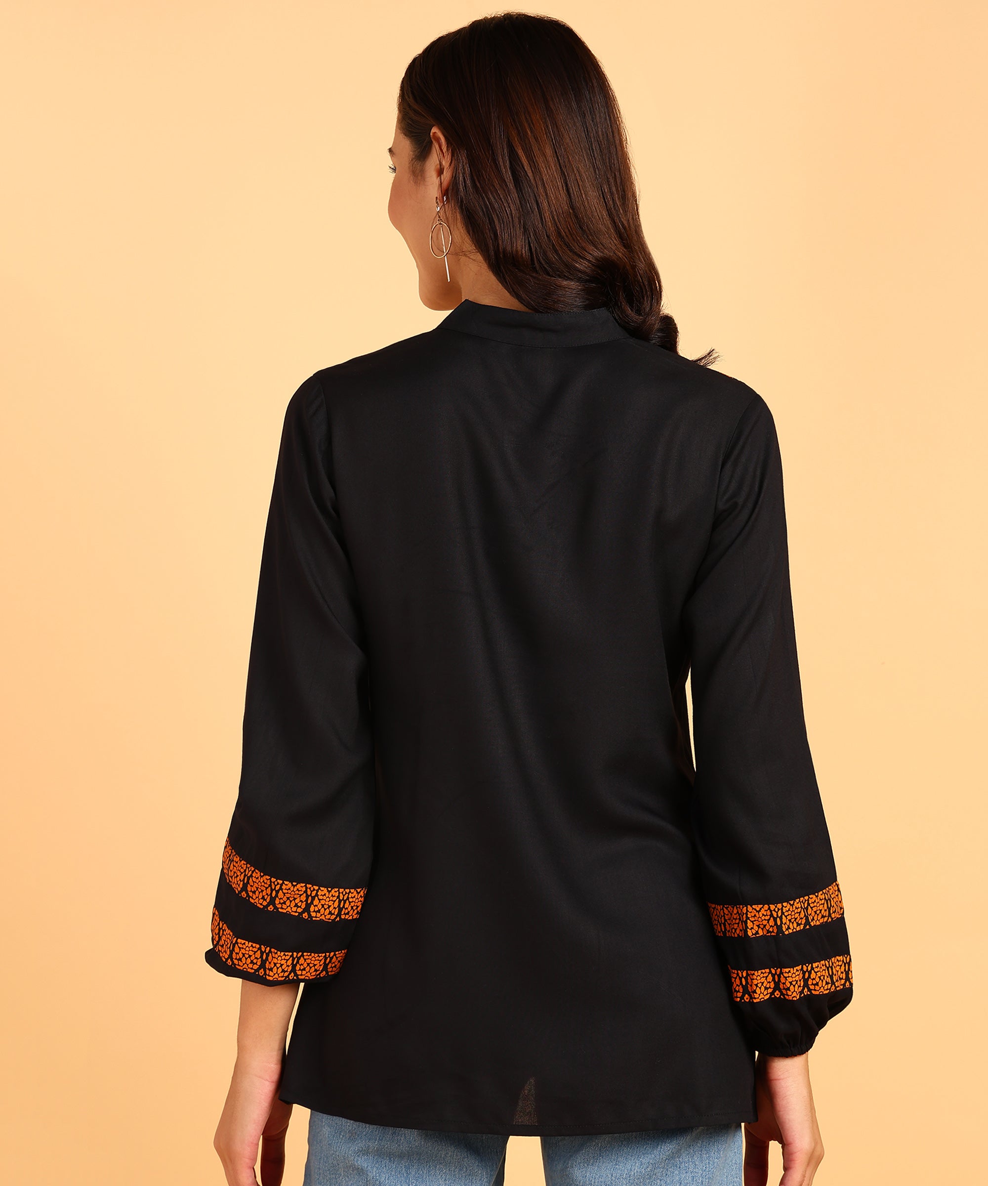 Black Short Kurti With Orange Border