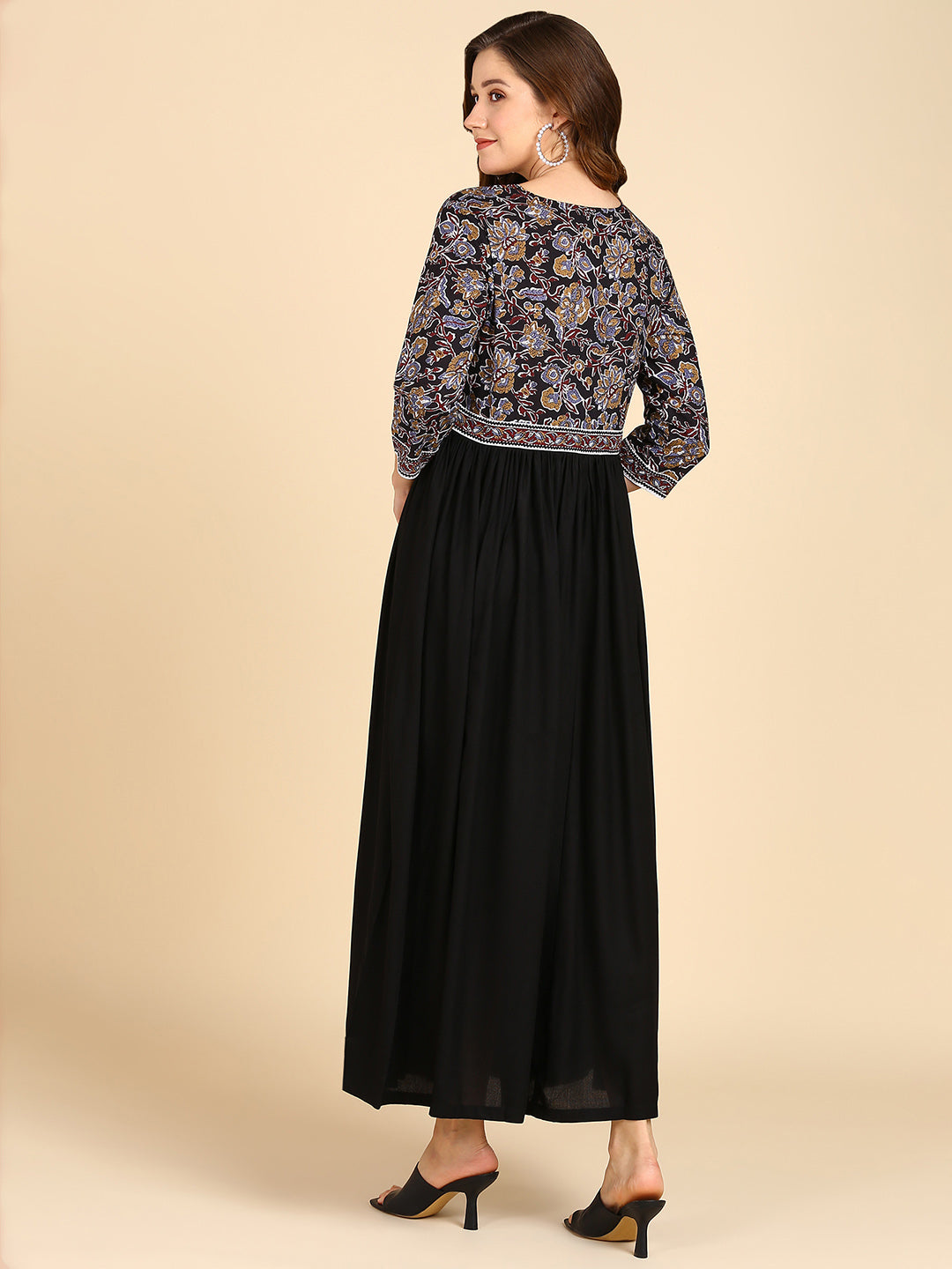 Black Floral Flared Maxi Dress With Border Details