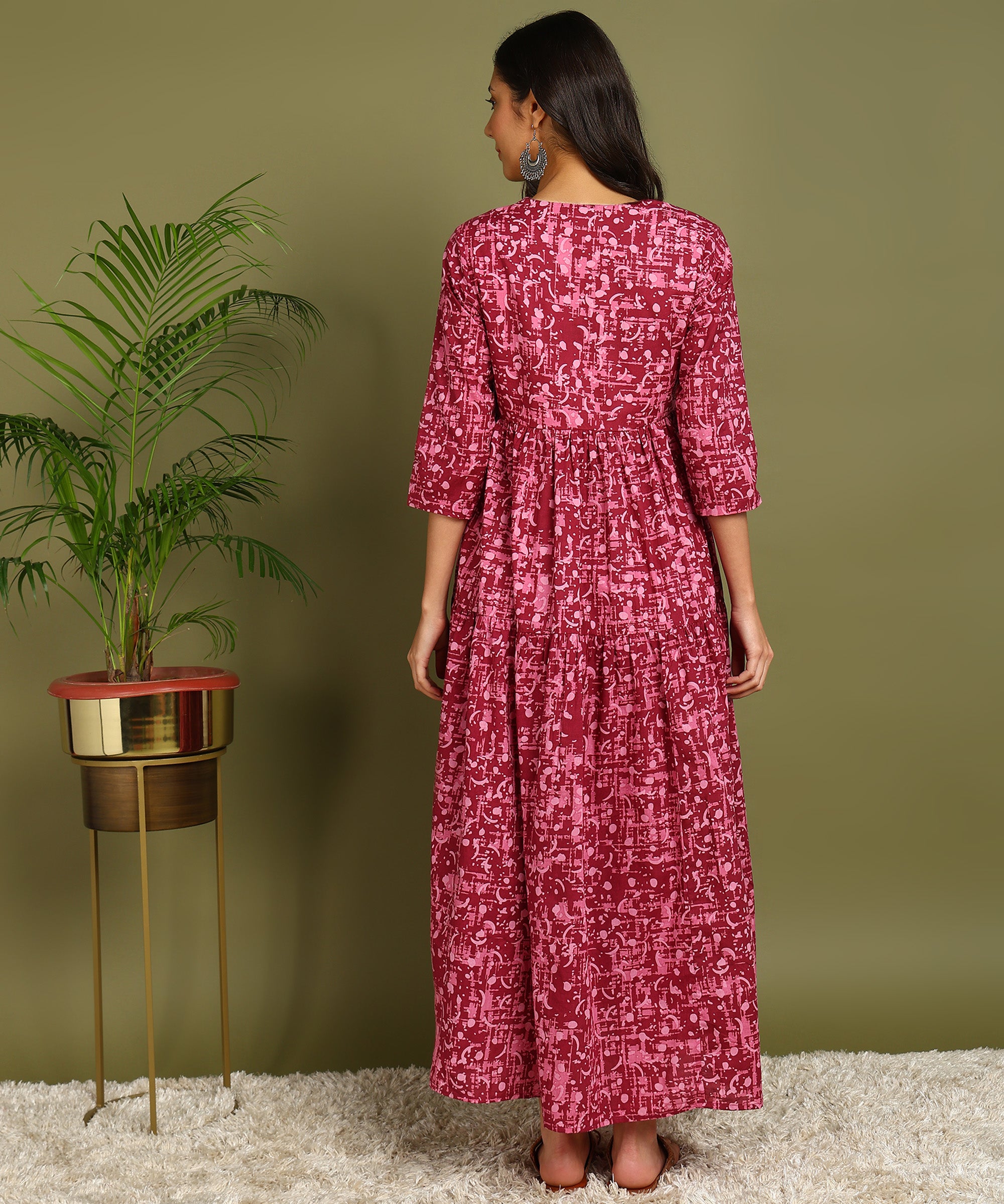 Magenta & Pink Printed Maternity Wear Midi Dress
