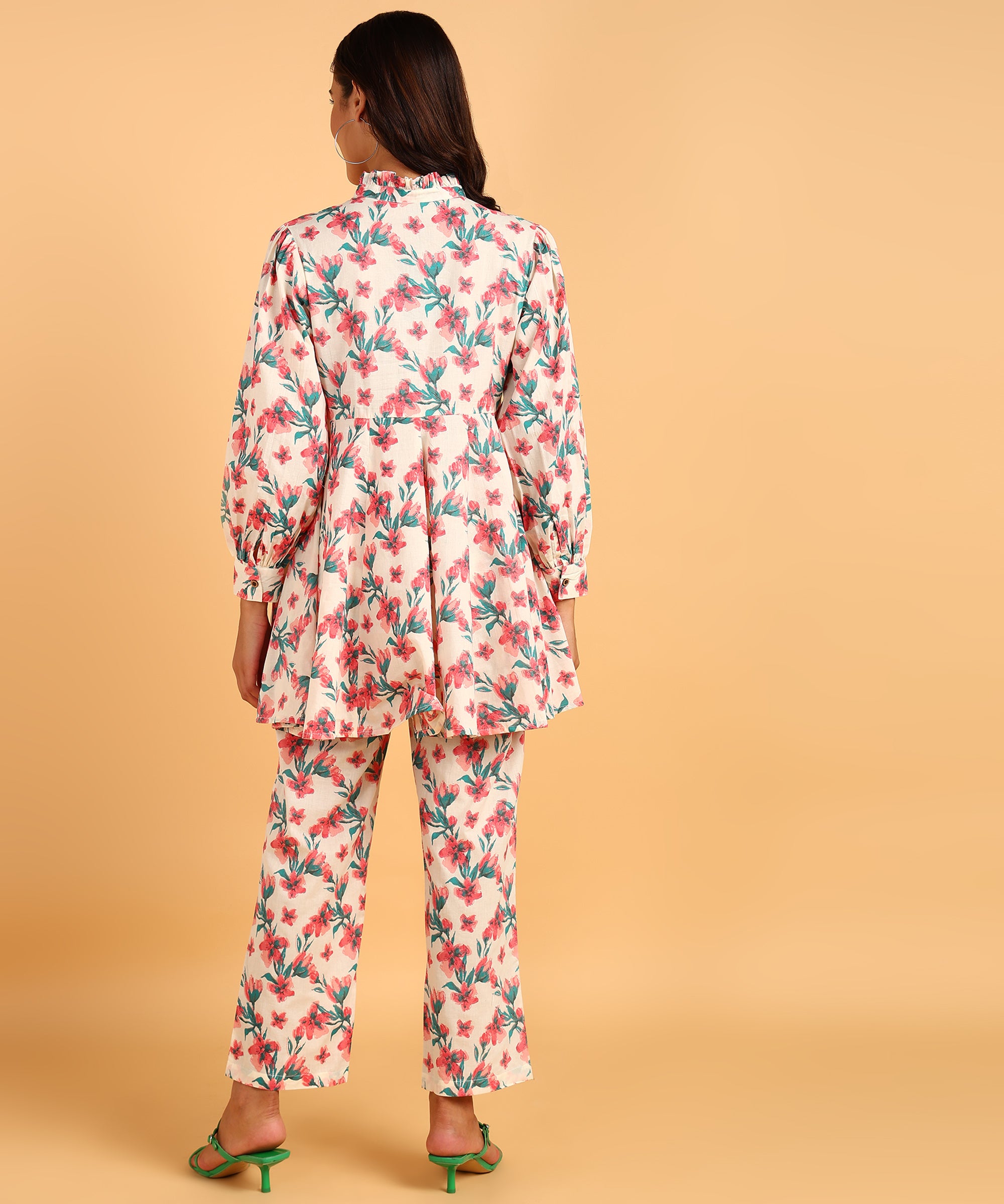 Cream Colored Floral Print Tunic & Pant Set