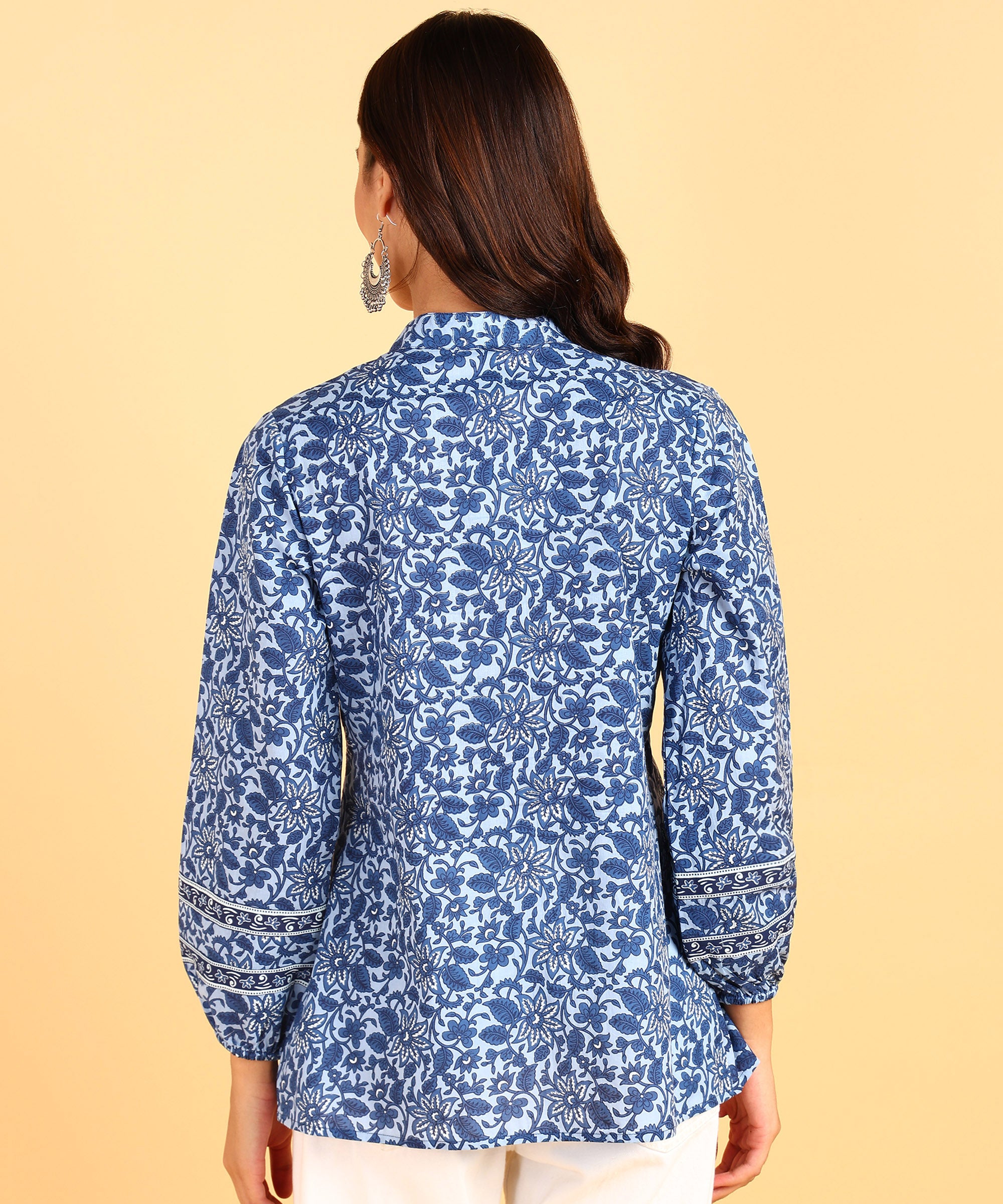Blue Colored Floral Motif Printed Short Kurti