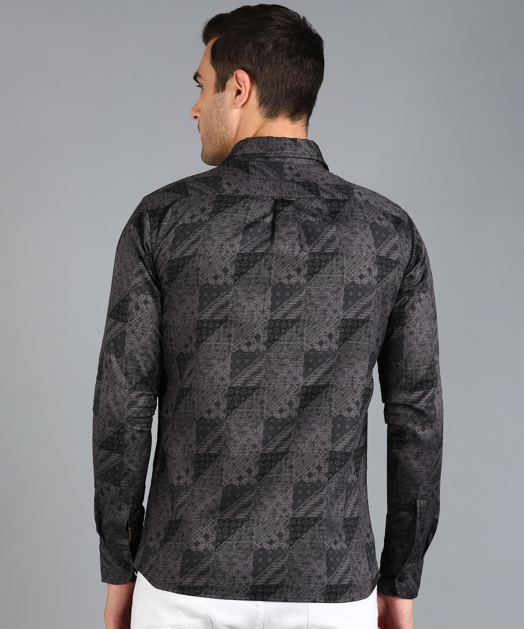Black Geomatric Printed Grey Slim Fit Shirt