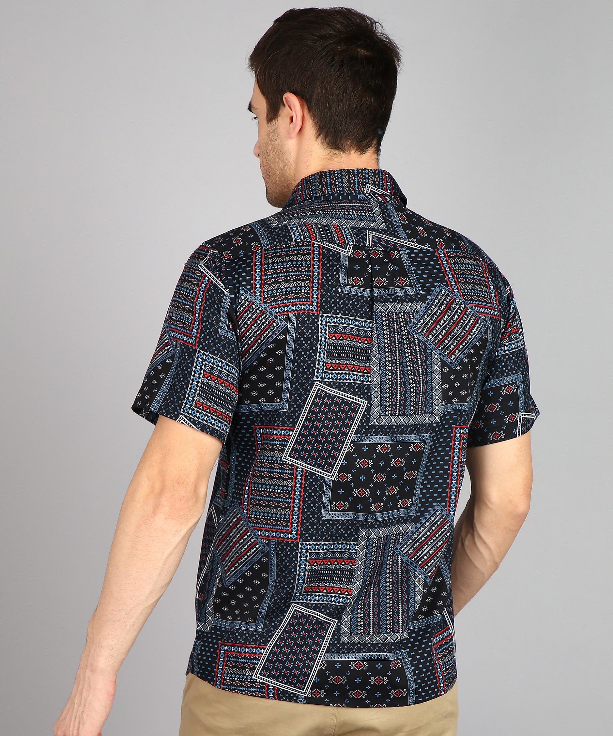 Black Geomatric Print Half Slim Fit Shirt