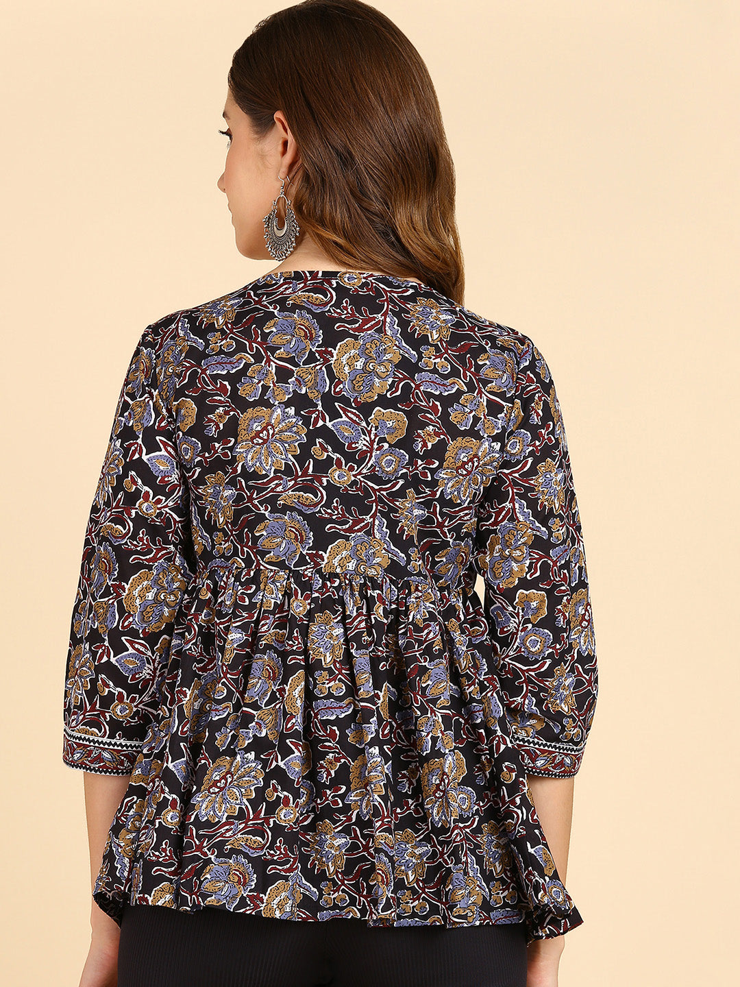 Black Floral Printed Angrakha Style Top