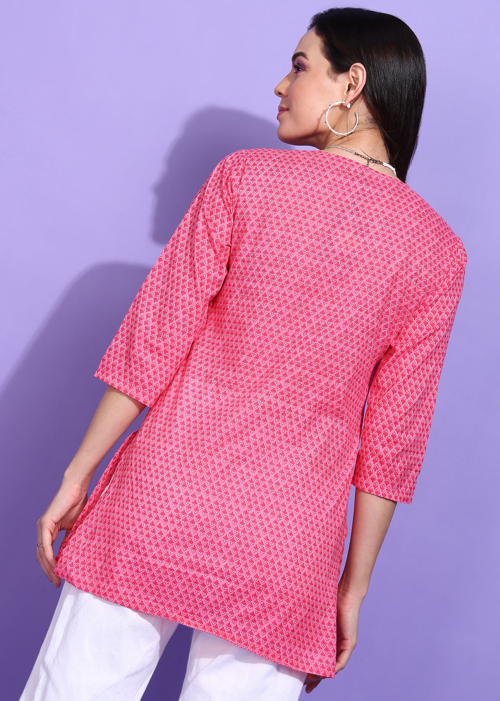 Pink Printed Short Cotton Kurti