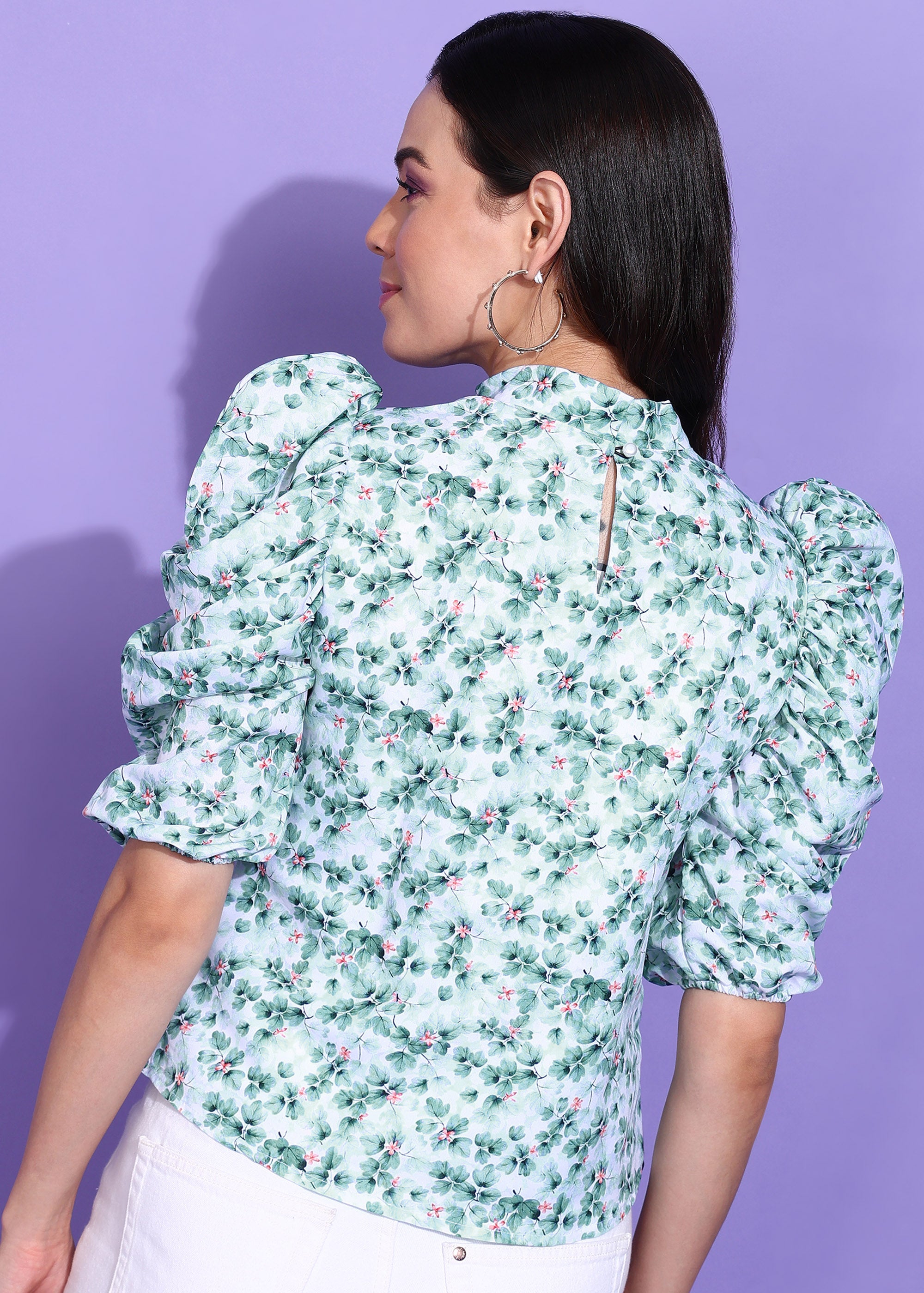 White and Light Blue Crepe Floral Top with Puff Sleeves