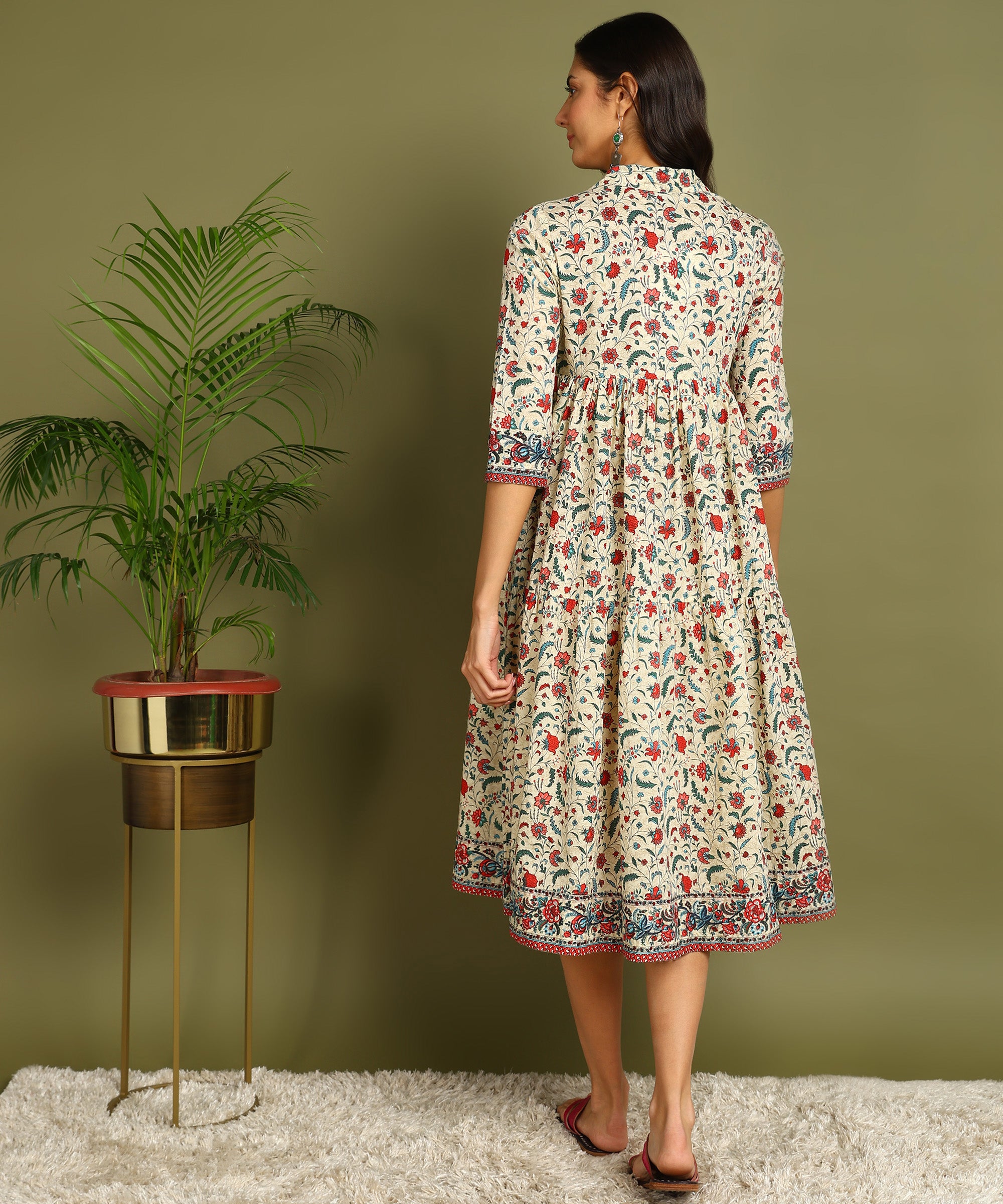 Cream Floral Print Maternity Wear Shirt Style Midi Dress