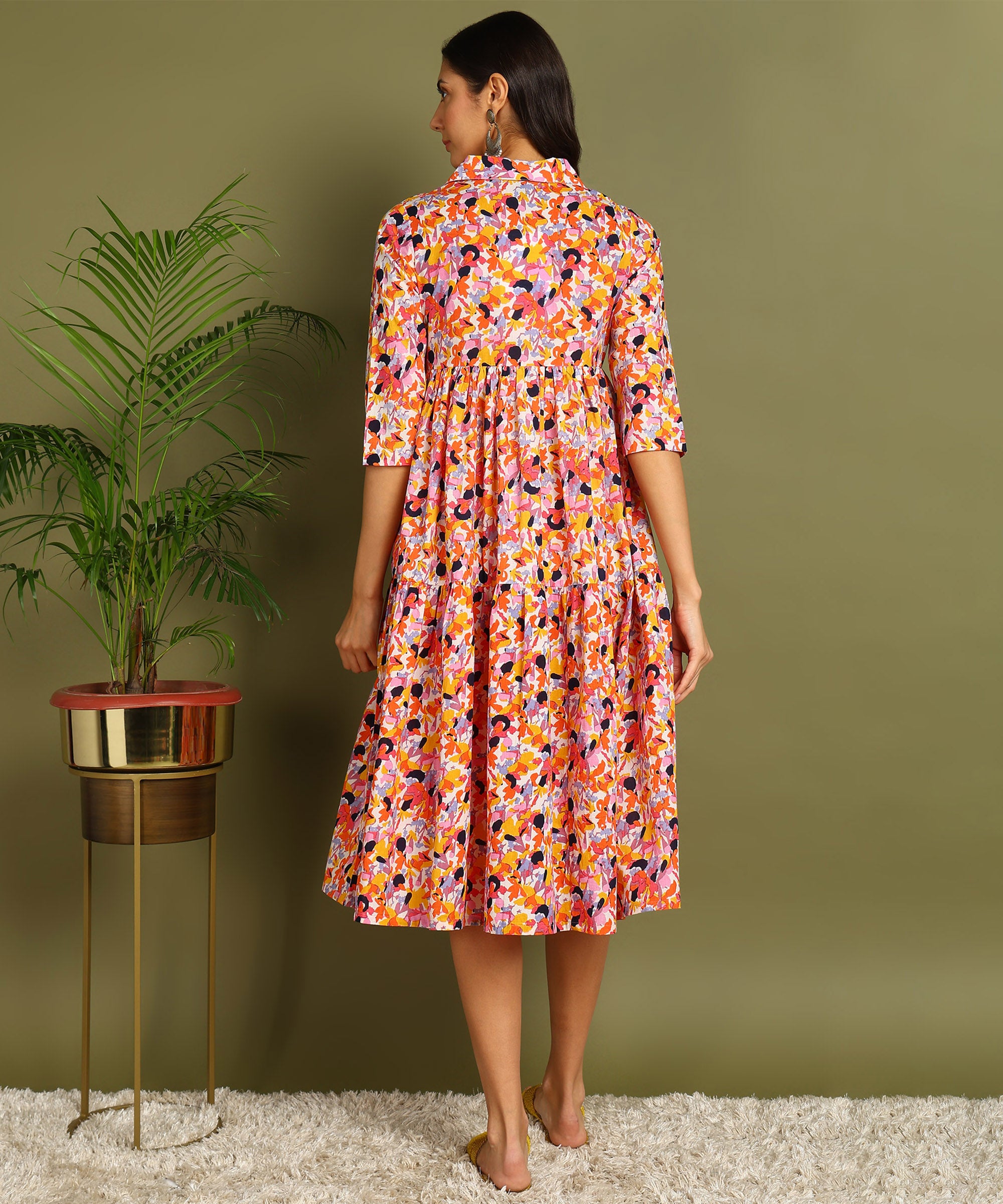 Multicolored Printed Shirt Style Maternity Wear Midi Dress