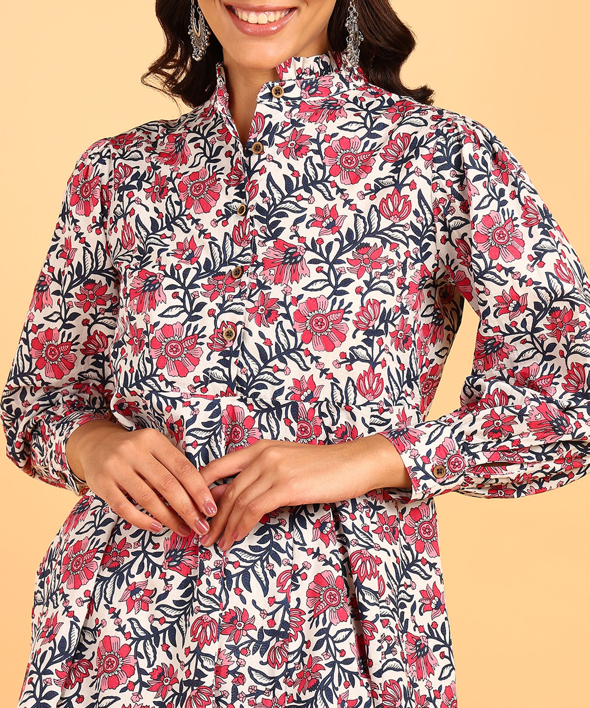 Cream Colored Floral Print Tunic & Pant Set