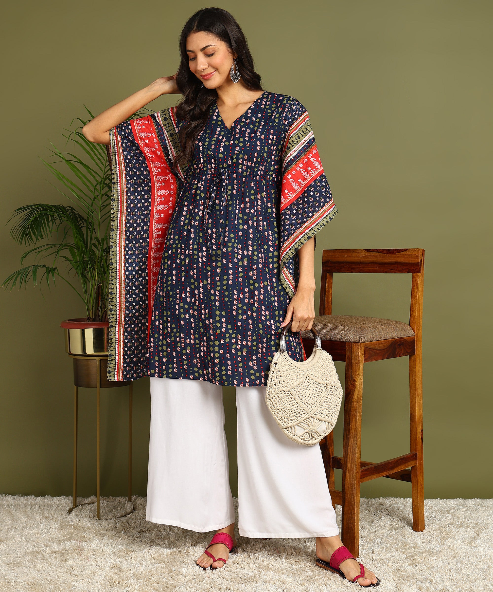 Navy Blue & Red Printed Maternity Wear Kaftan