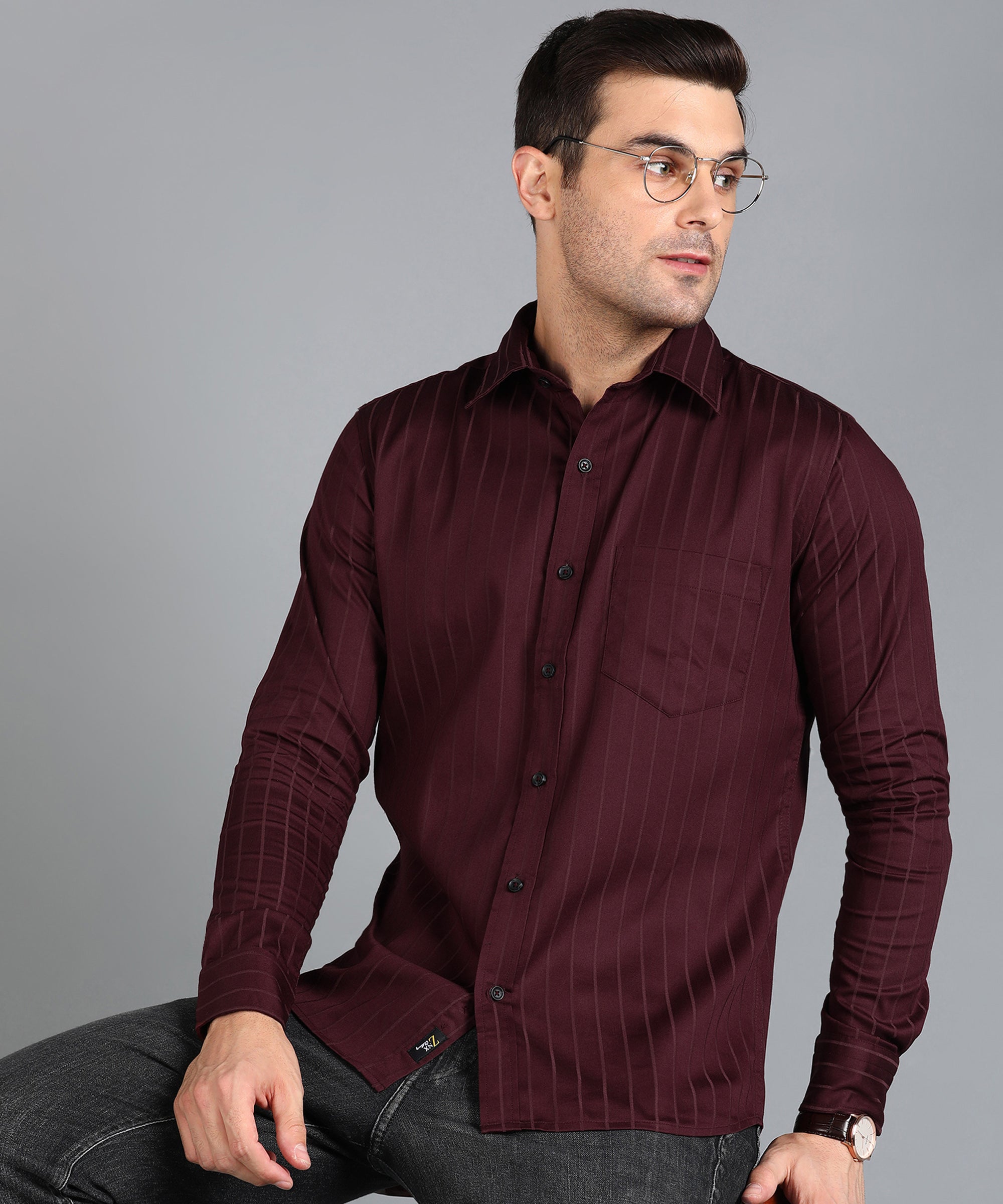 Self Striped Maroon Slim Fit Shirt