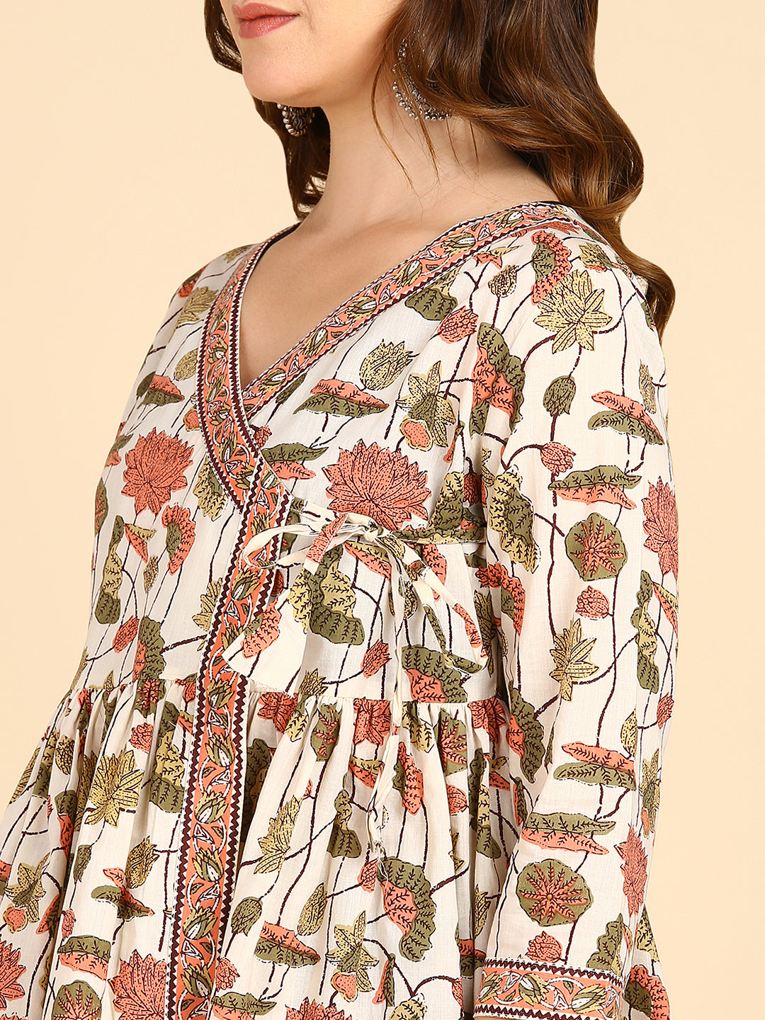 Floral Printed Angrakha Style Cream Top