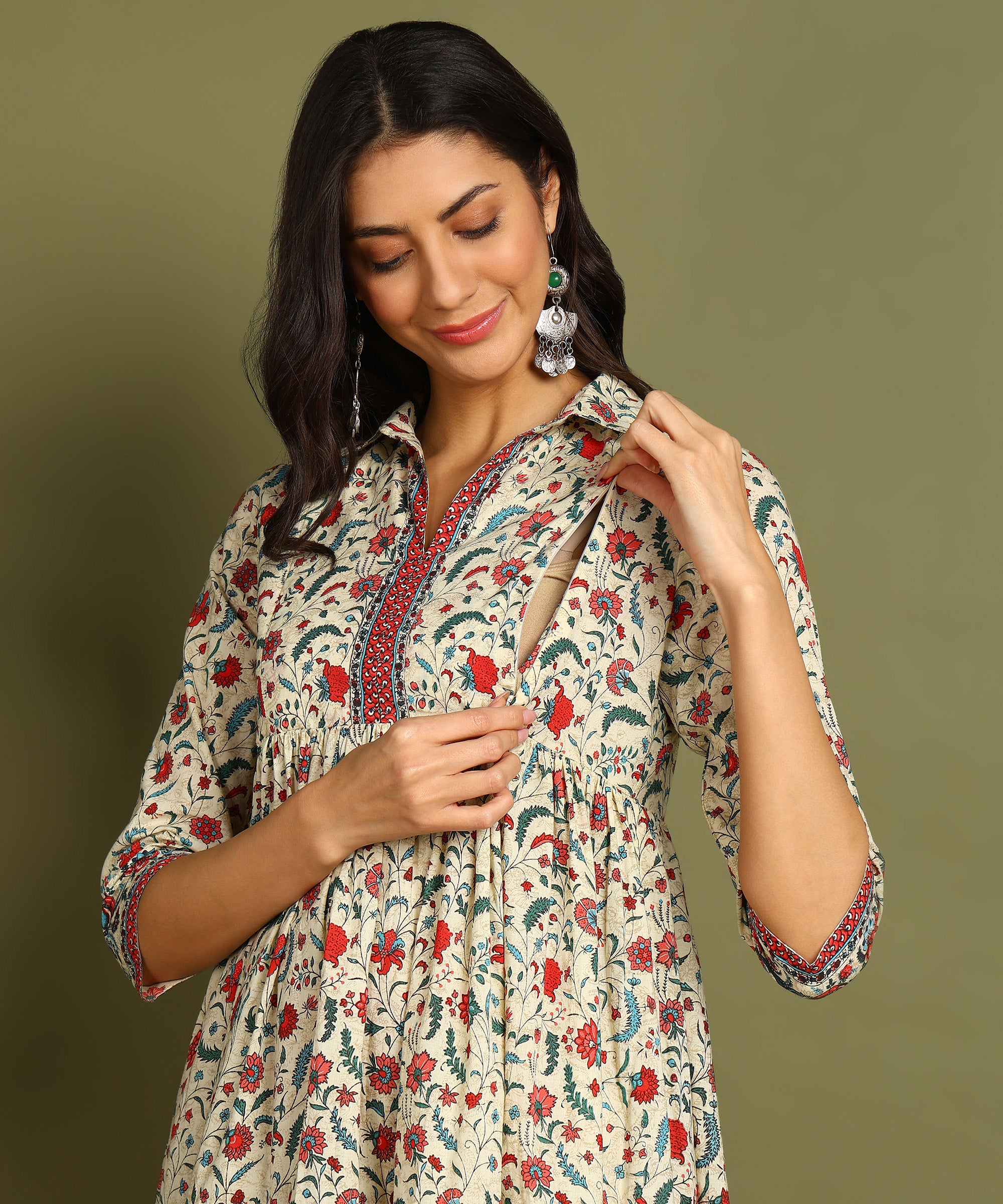Cream Floral Print Maternity Wear Shirt Style Midi Dress