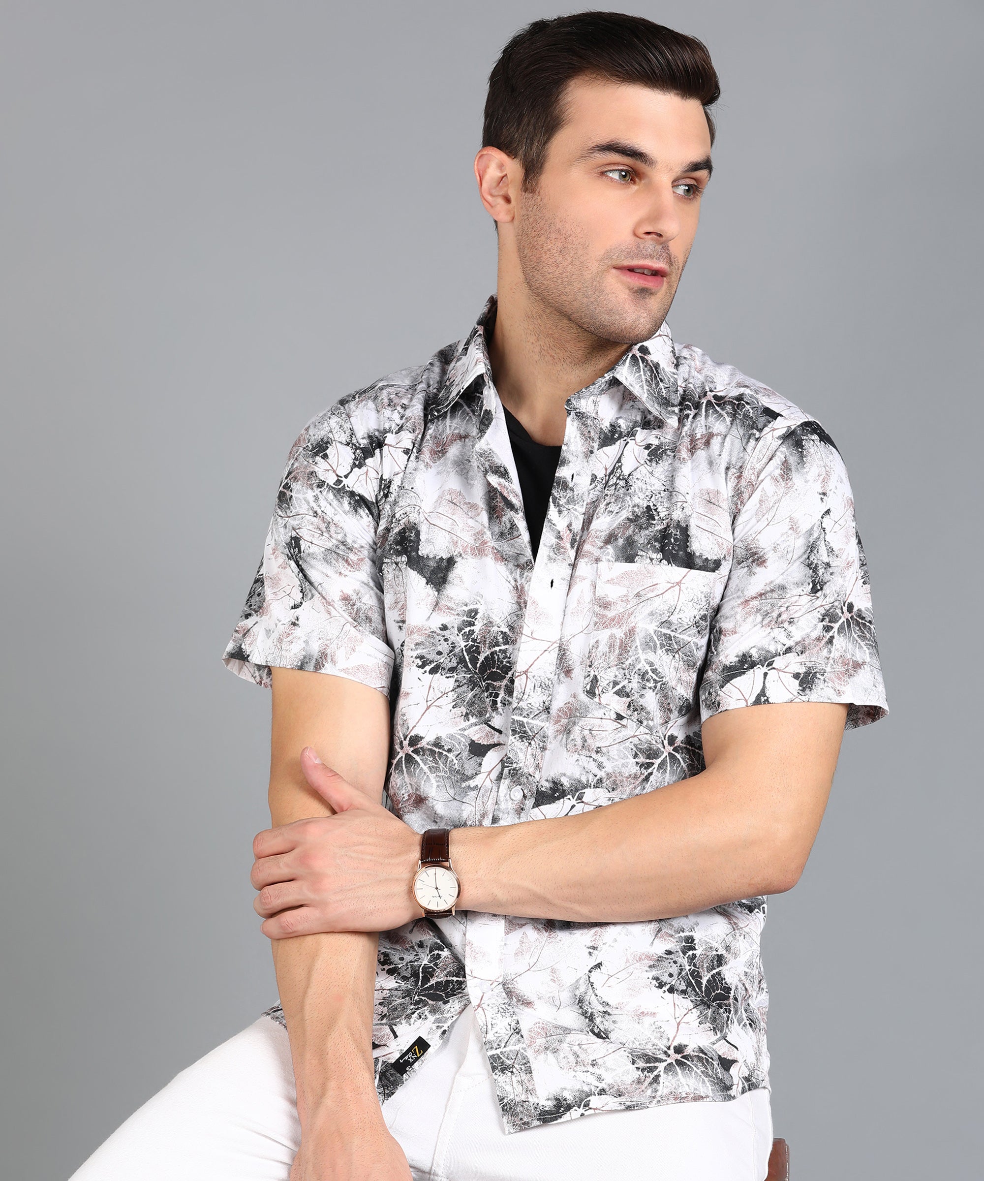 Black & Brown Leaf Printed half Slim Fit Shirt