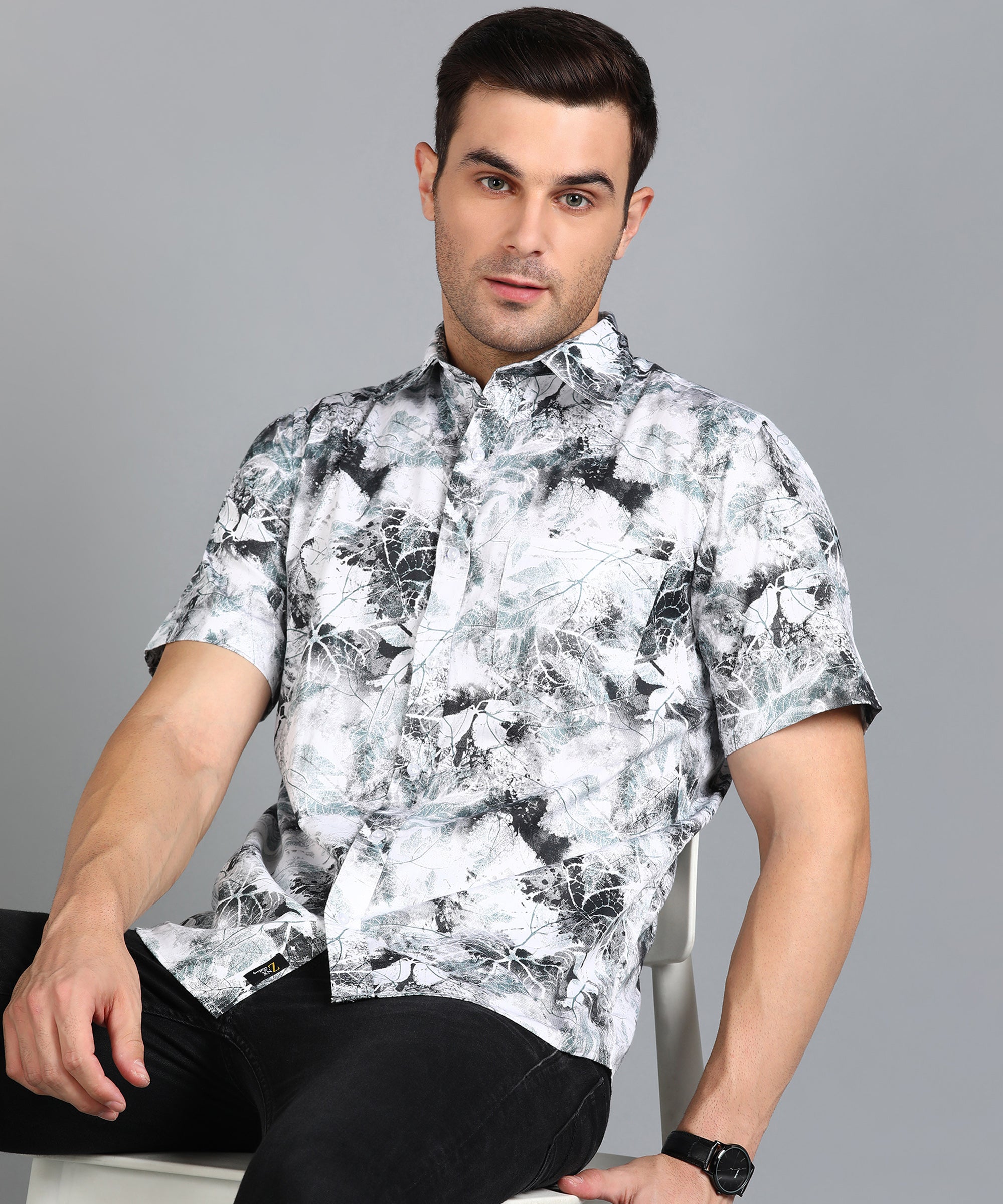 Black & Green Leaf Printed half Slim Fit Shirt