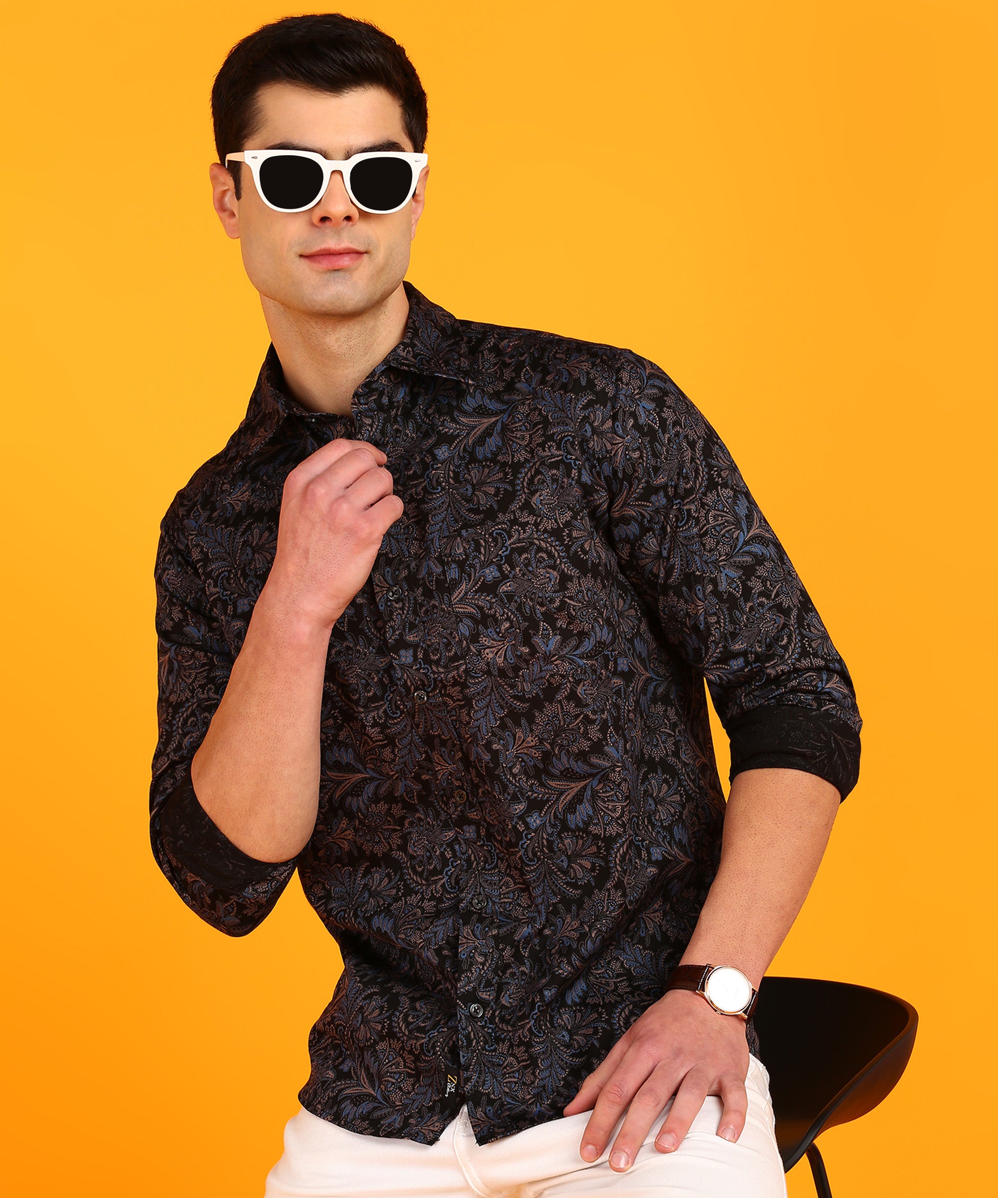 Men Blue & Pink Leaf Motif Black Shirt