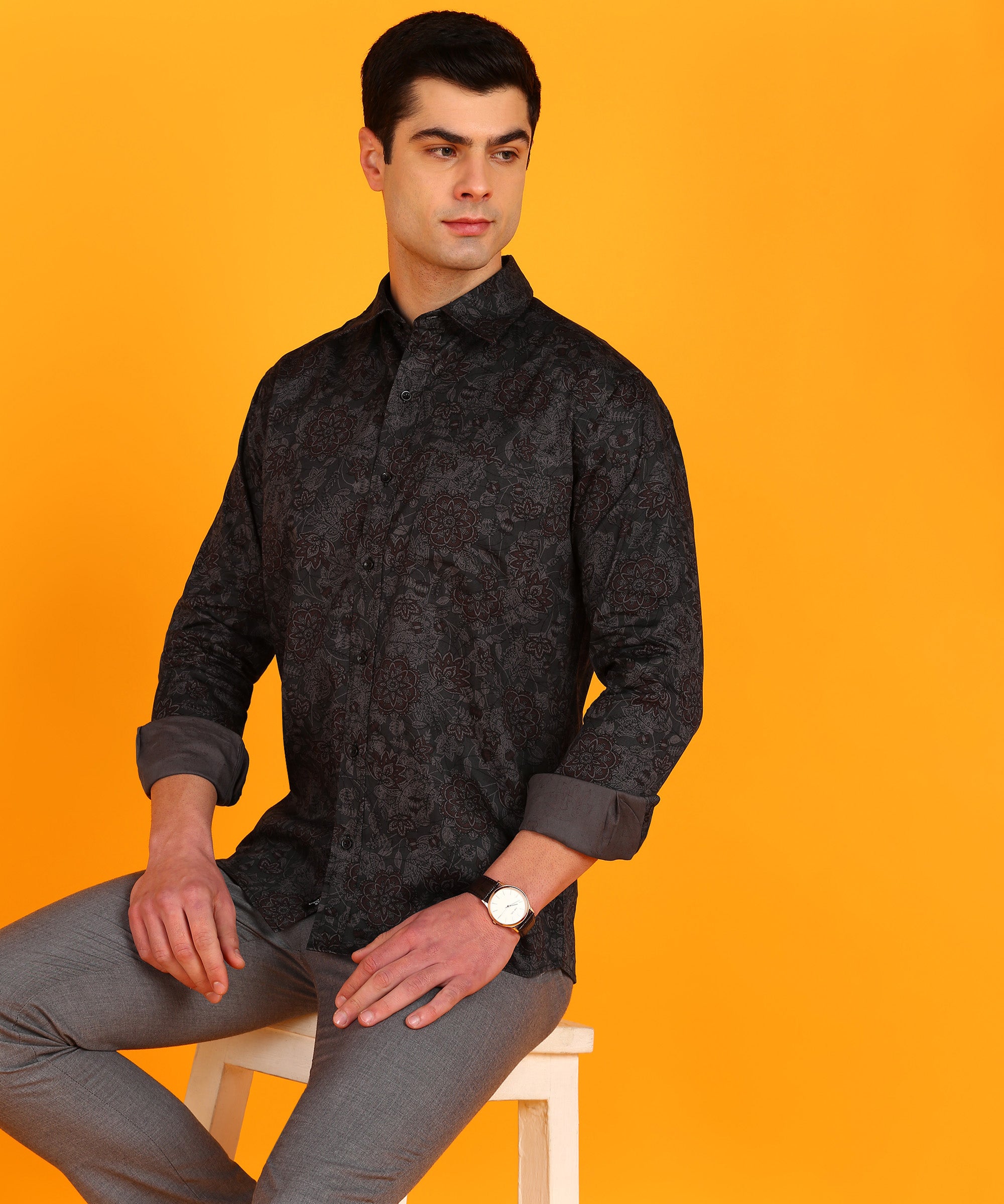 Men Dark Grey & Brown Floral Print Shirt
