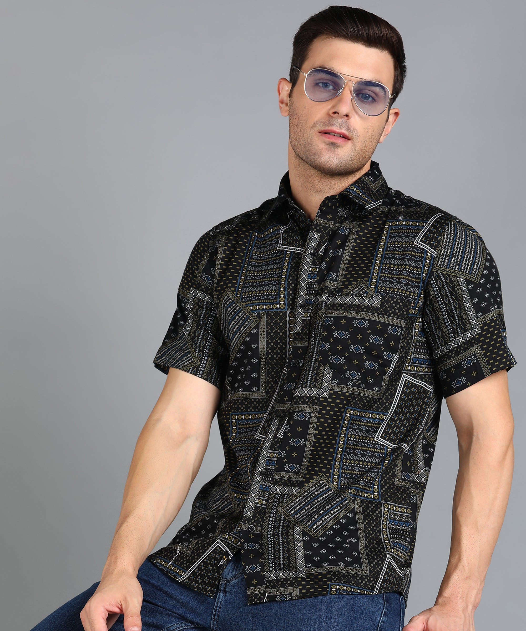 Black Indian Prints Half Slim Fit Shirt