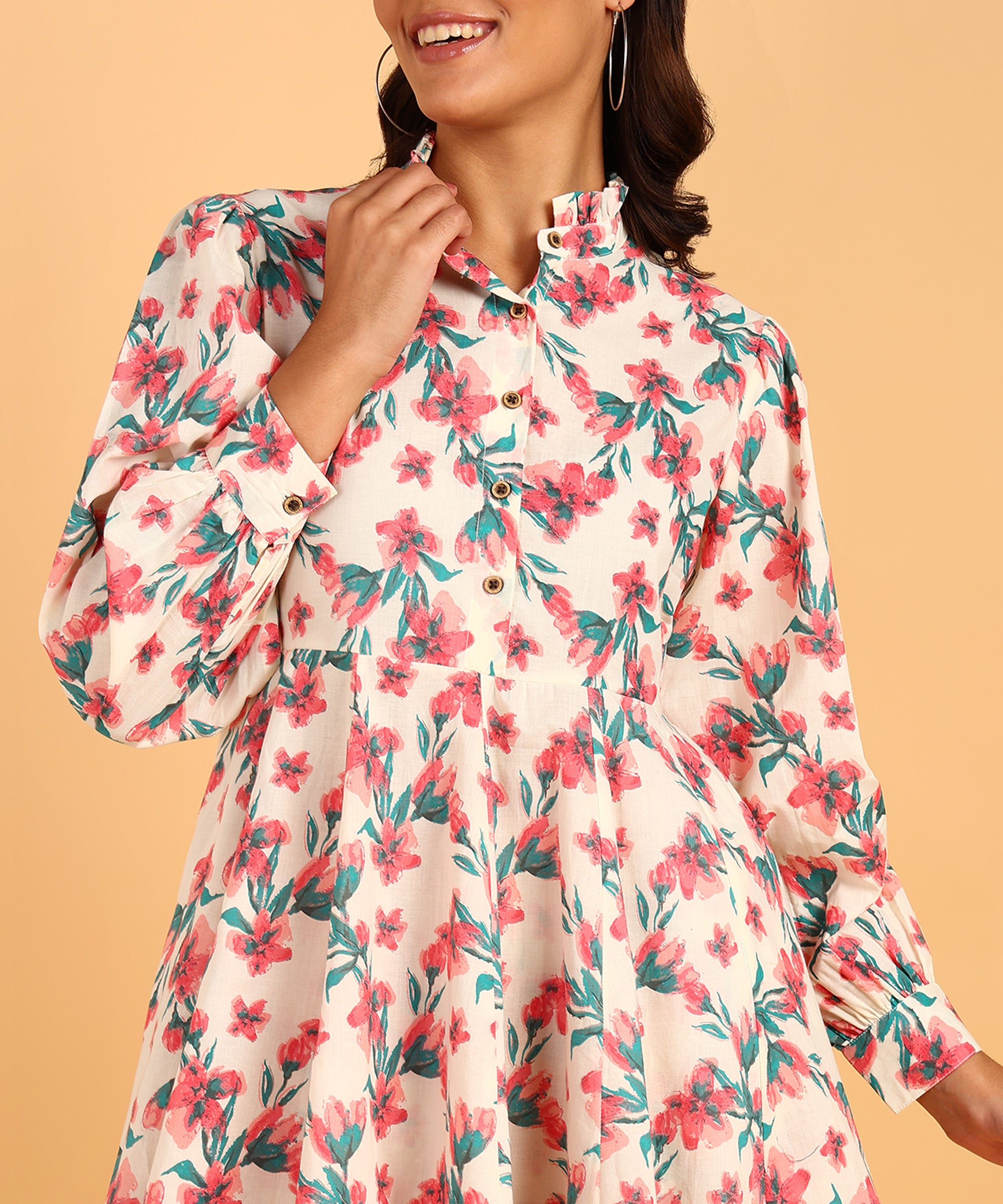 Cream Colored Floral Print Tunic & Pant Set