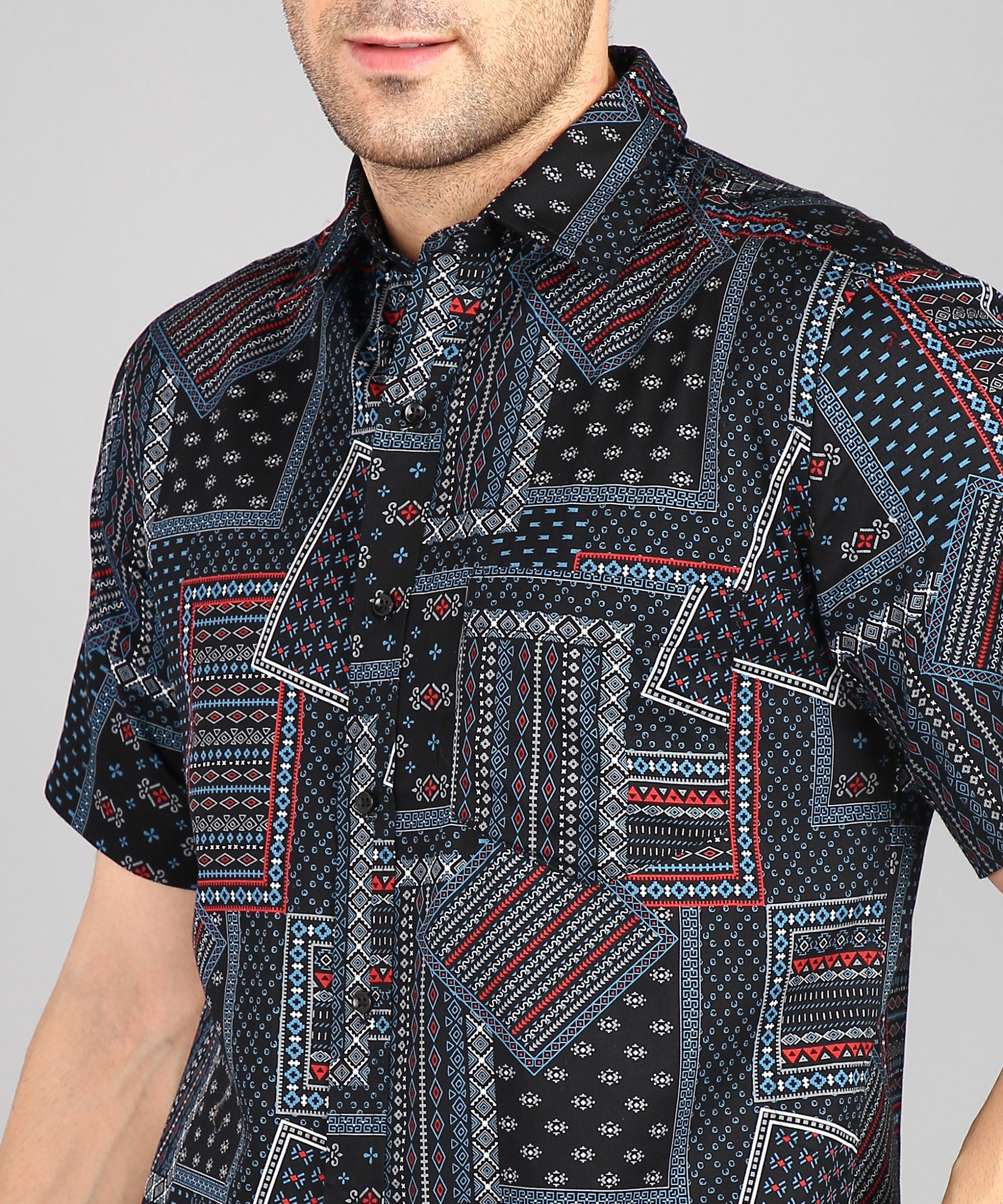 Black Geomatric Print Half Slim Fit Shirt
