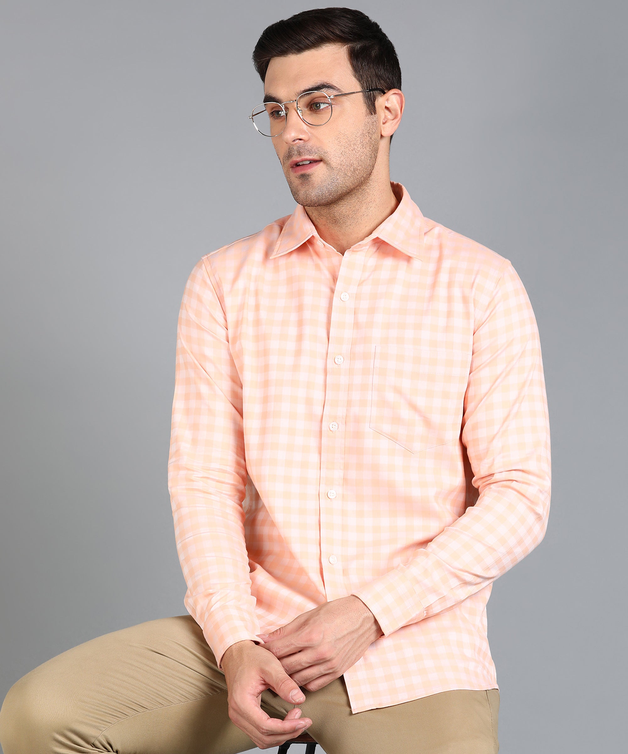 Peach Checked Slim Fit Shirt