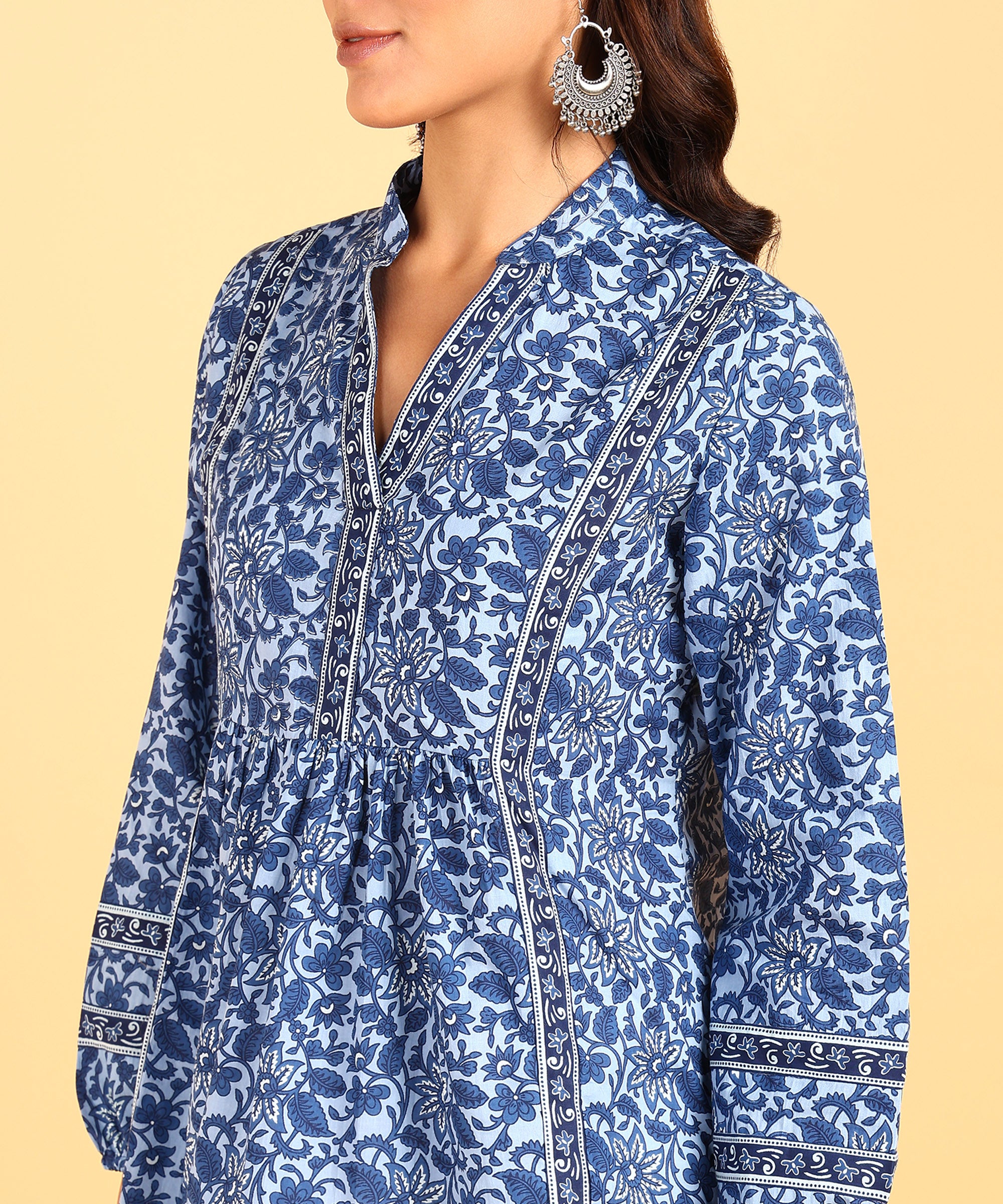 Blue Colored Floral Motif Printed Short Kurti