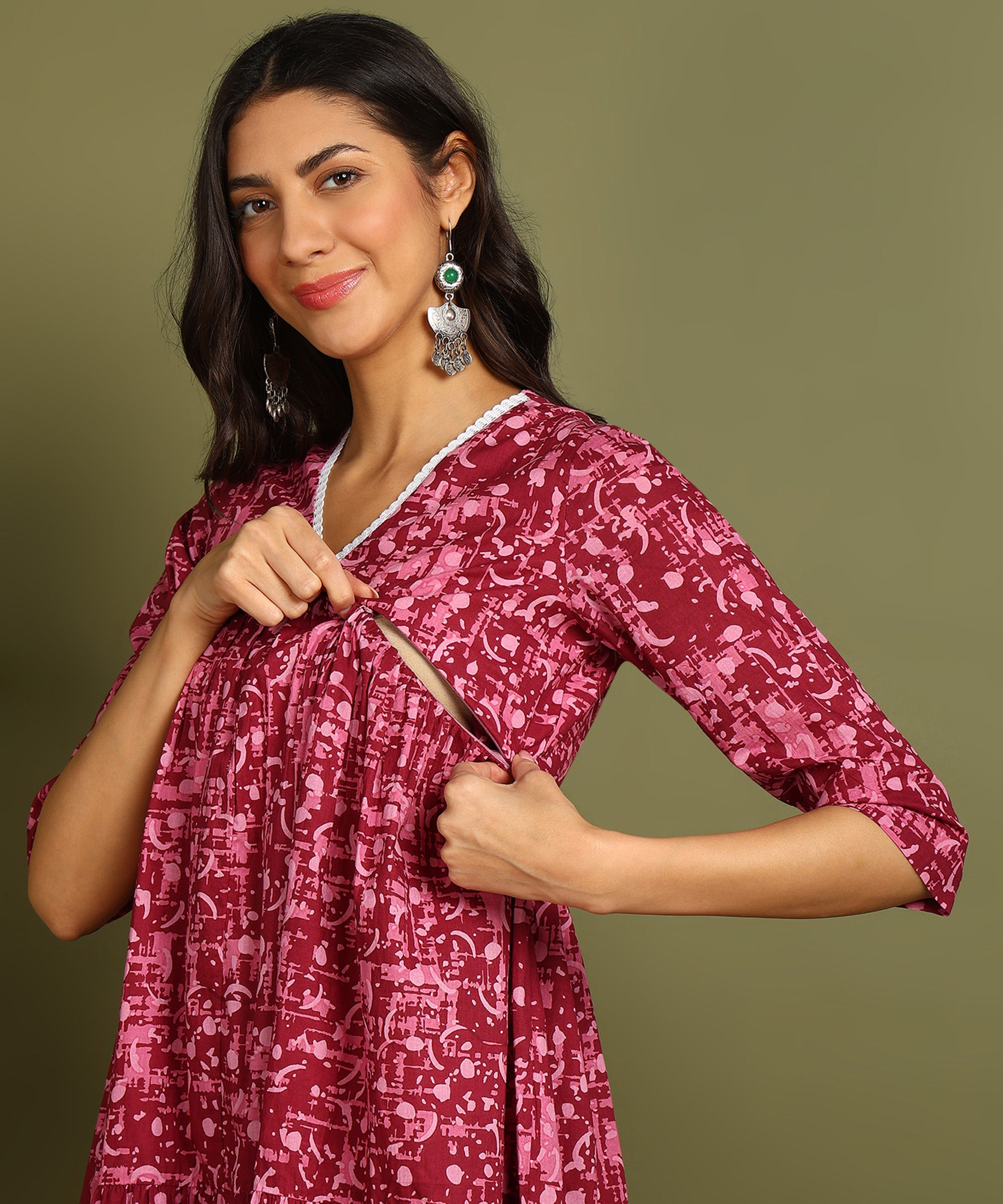 Magenta & Pink Printed Maternity Wear Midi Dress
